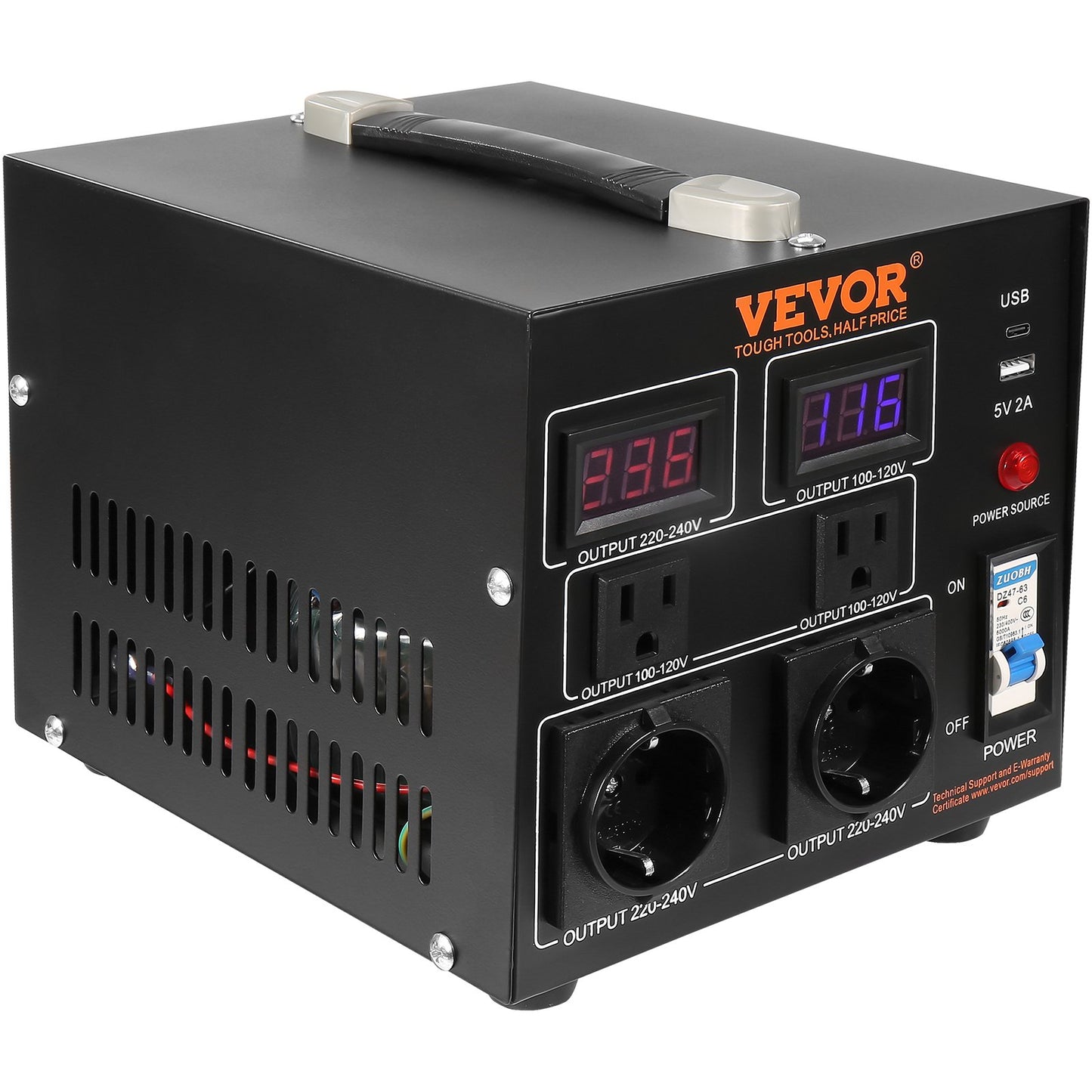 Volt-Konverter-Transformator, 2000 VA, Hochleistungs-Aufwärts-/Abwärtstransformator, Konvertierung von 110 Volt auf 220 Volt und von 220 Volt auf 110 Volt, mit US-Steckdose, EU-Steckdose, 5-V-USB-Anschluss, CE-zertifiziert