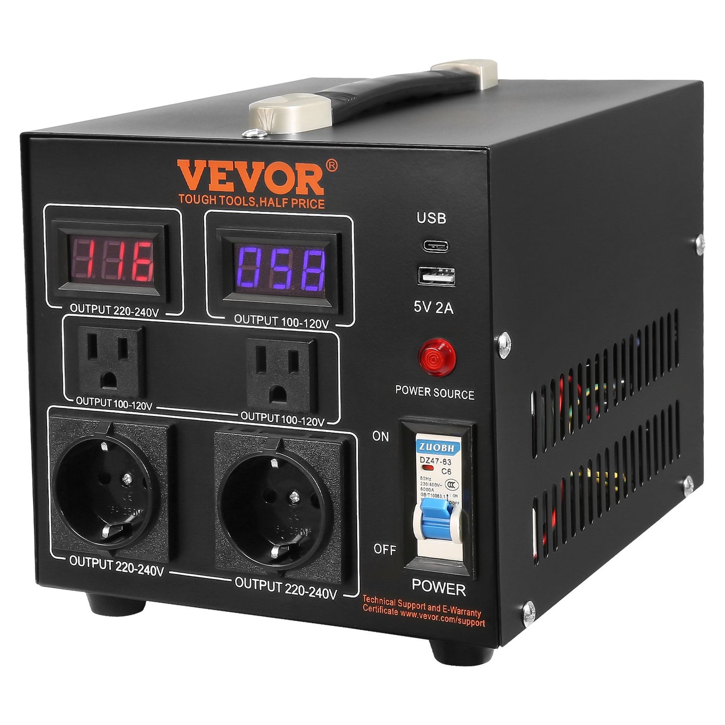 Volt-Konverter-Transformator, 2000 VA, Hochleistungs-Aufwärts-/Abwärtstransformator, Konvertierung von 110 Volt auf 220 Volt und von 220 Volt auf 110 Volt, mit US-Steckdose, EU-Steckdose, 5-V-USB-Anschluss, CE-zertifiziert