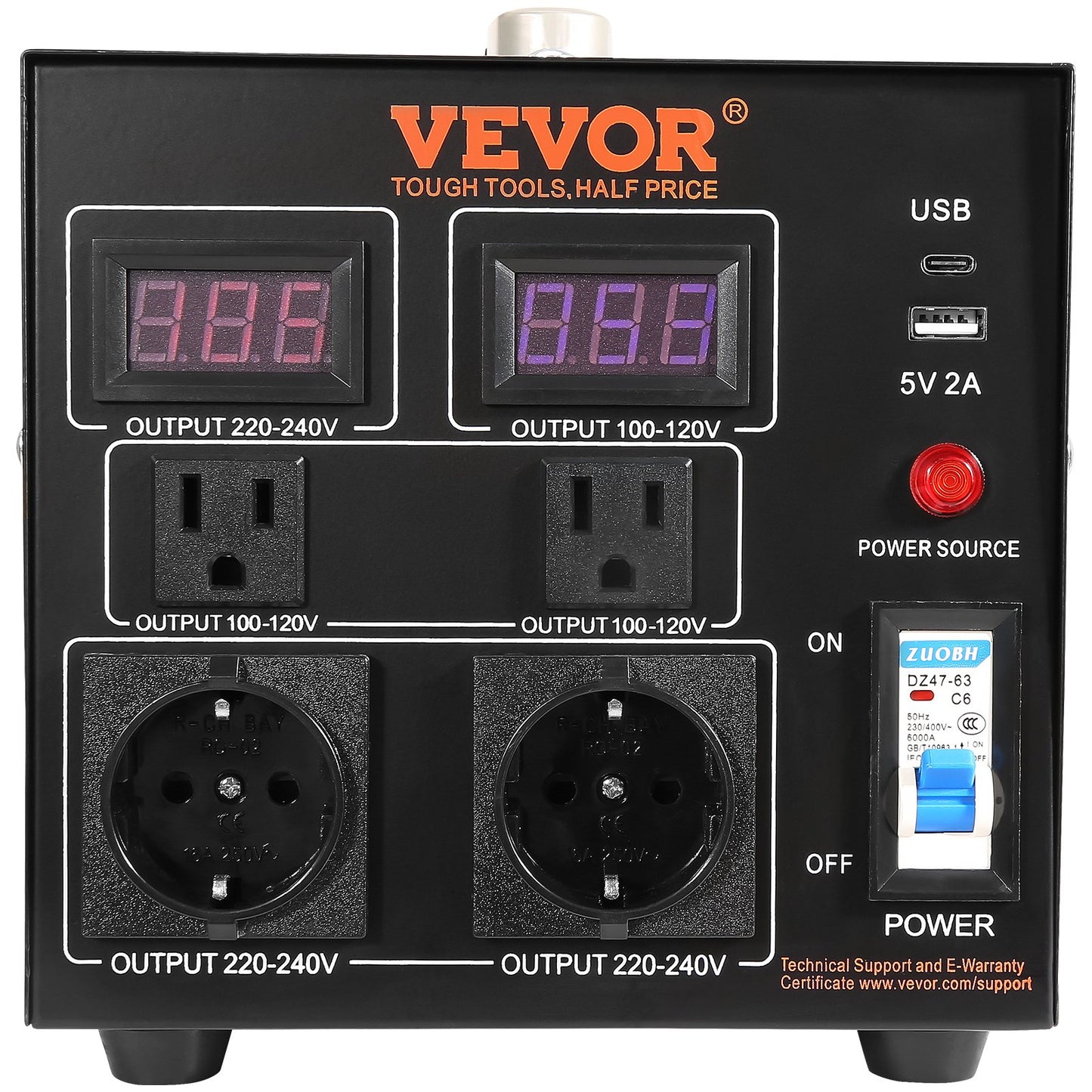 Volt-Konverter-Transformator, 2000 VA, Hochleistungs-Aufwärts-/Abwärtstransformator, Konvertierung von 110 Volt auf 220 Volt und von 220 Volt auf 110 Volt, mit US-Steckdose, EU-Steckdose, 5-V-USB-Anschluss, CE-zertifiziert