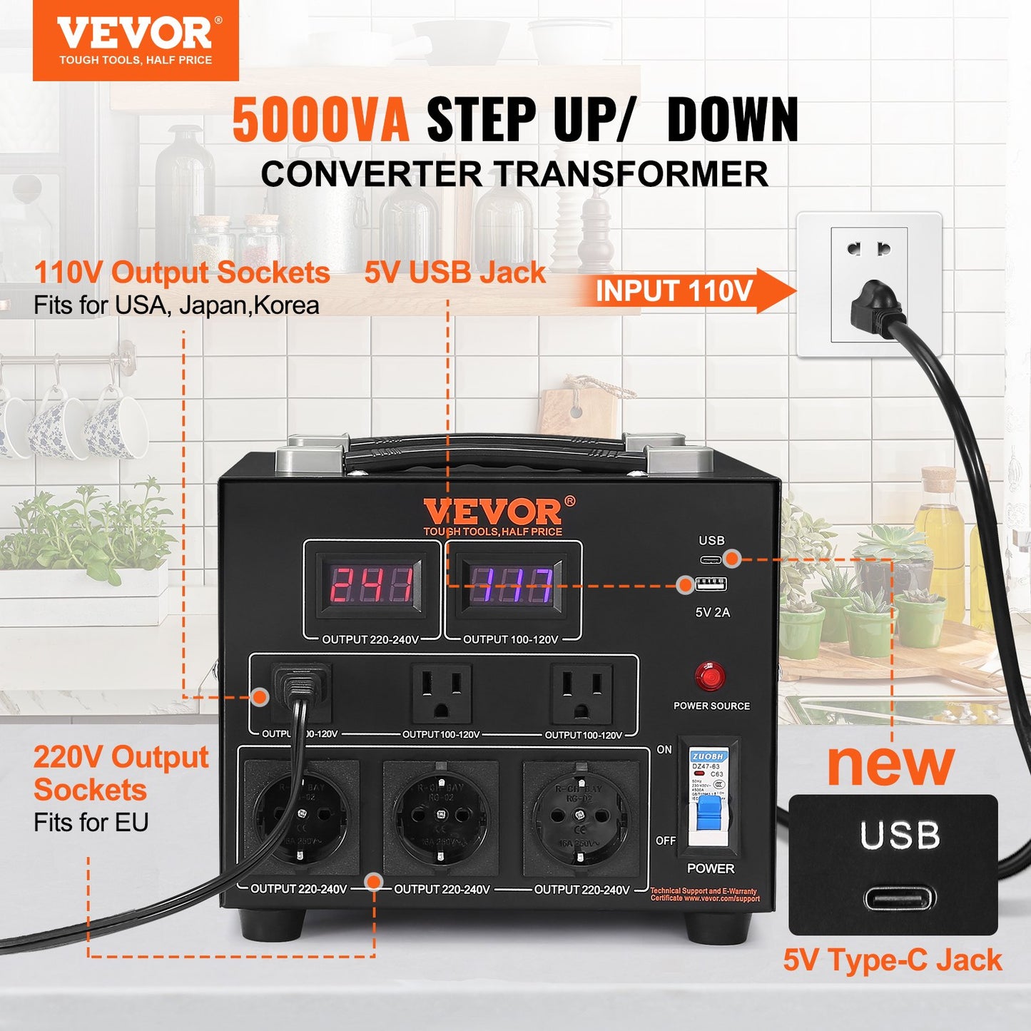 Volt Converter Transformator, 5000VA, Heavy Duty Step Up/Down Transformator, Konvertera från 110 Volt till 220 Volt och från 220 Volt till 110 Volt, med US Outlet EU Outlet 5V USB Port, CE-certifierad