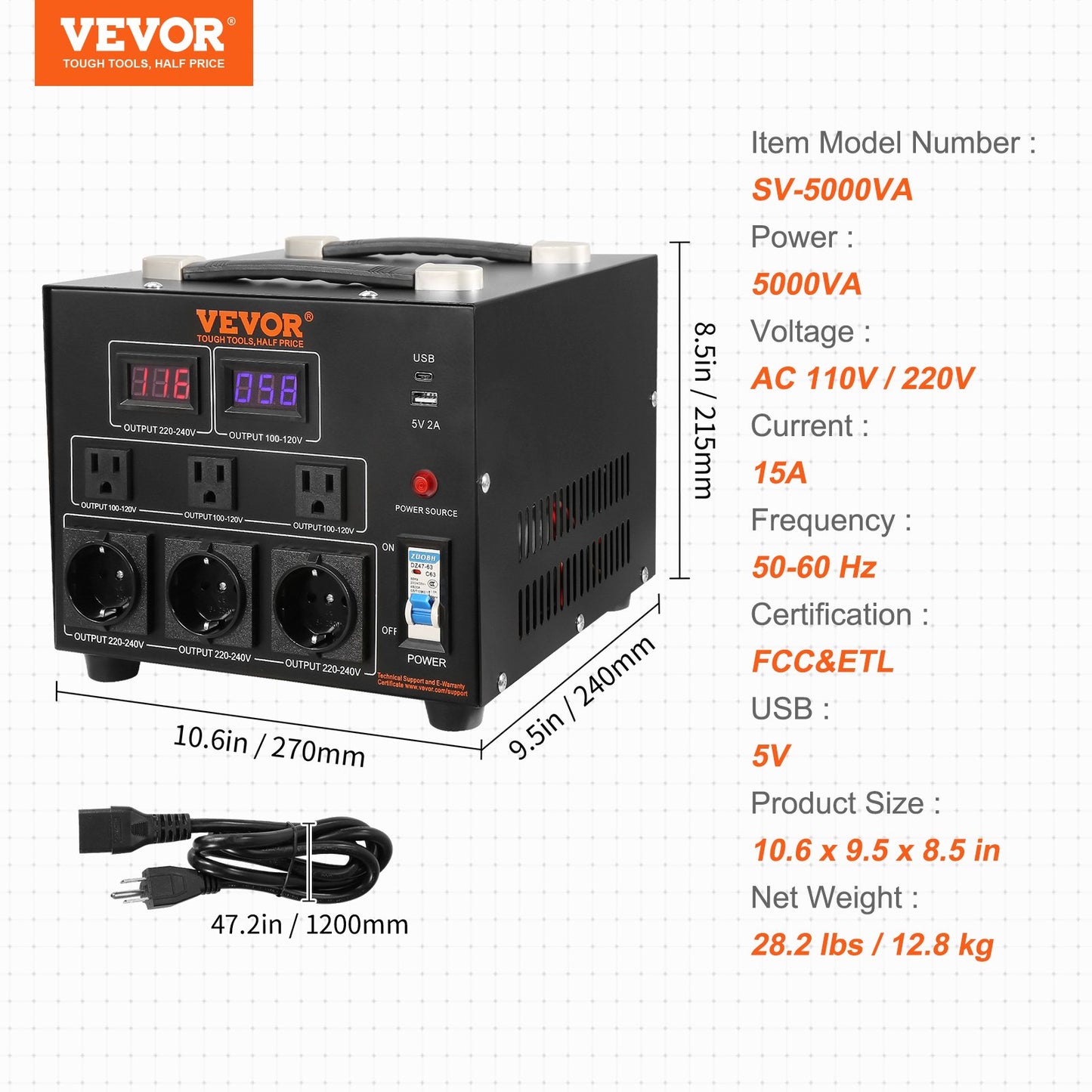 Volt Converter Transformator, 5000VA, Heavy Duty Step Up/Down Transformator, Konvertera från 110 Volt till 220 Volt och från 220 Volt till 110 Volt, med US Outlet EU Outlet 5V USB Port, CE-certifierad