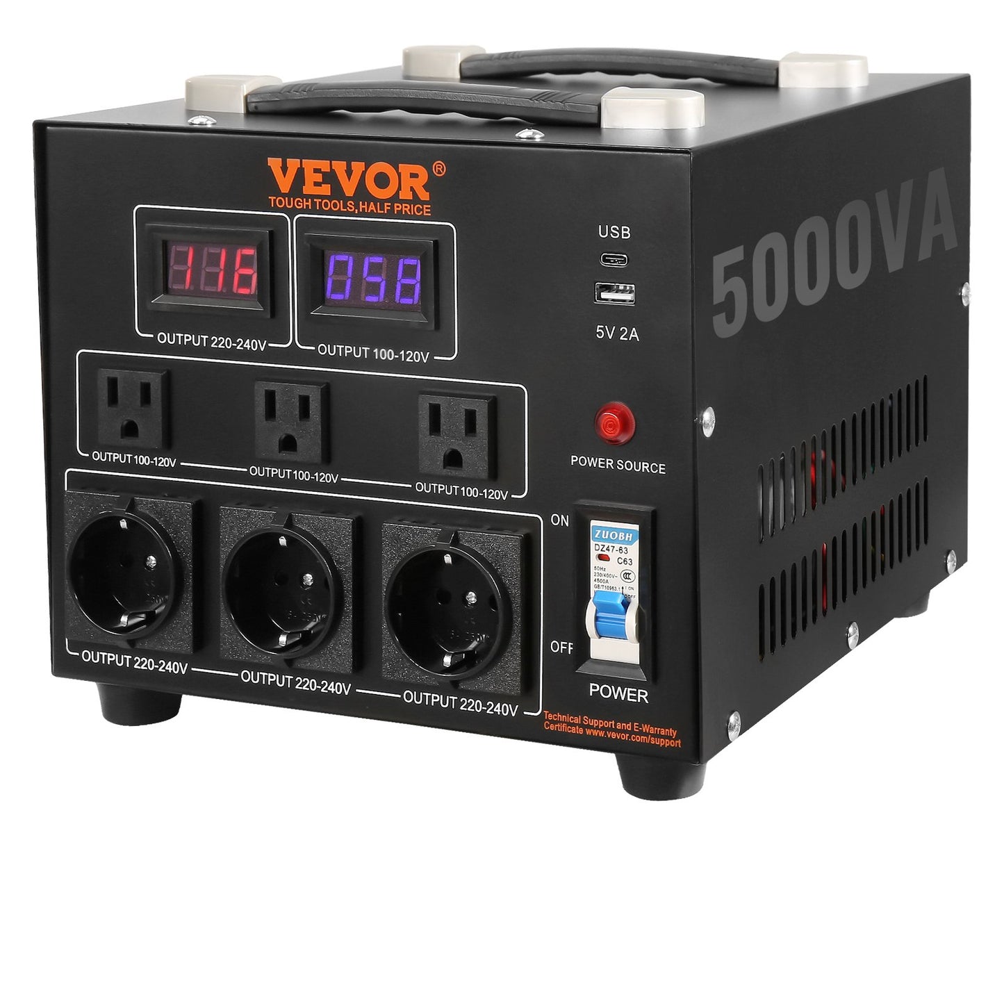 Volt Converter Transformator, 5000VA, Heavy Duty Step Up/Down Transformator, Konvertera från 110 Volt till 220 Volt och från 220 Volt till 110 Volt, med US Outlet EU Outlet 5V USB Port, CE-certifierad