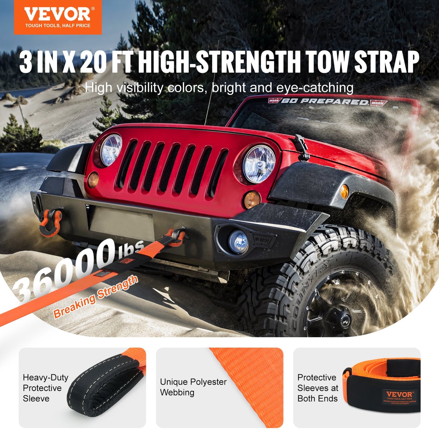 Heavy Duty Dragband Recovery Kit 3" x 20 ft (MBS-36 000 lbs) Tree Saver Vinschrem, tredubbel förstärkt ögla & skyddshylsor & förvaringsväska, 3/4" D-Ring Shackles, för Jeep SUV ATV