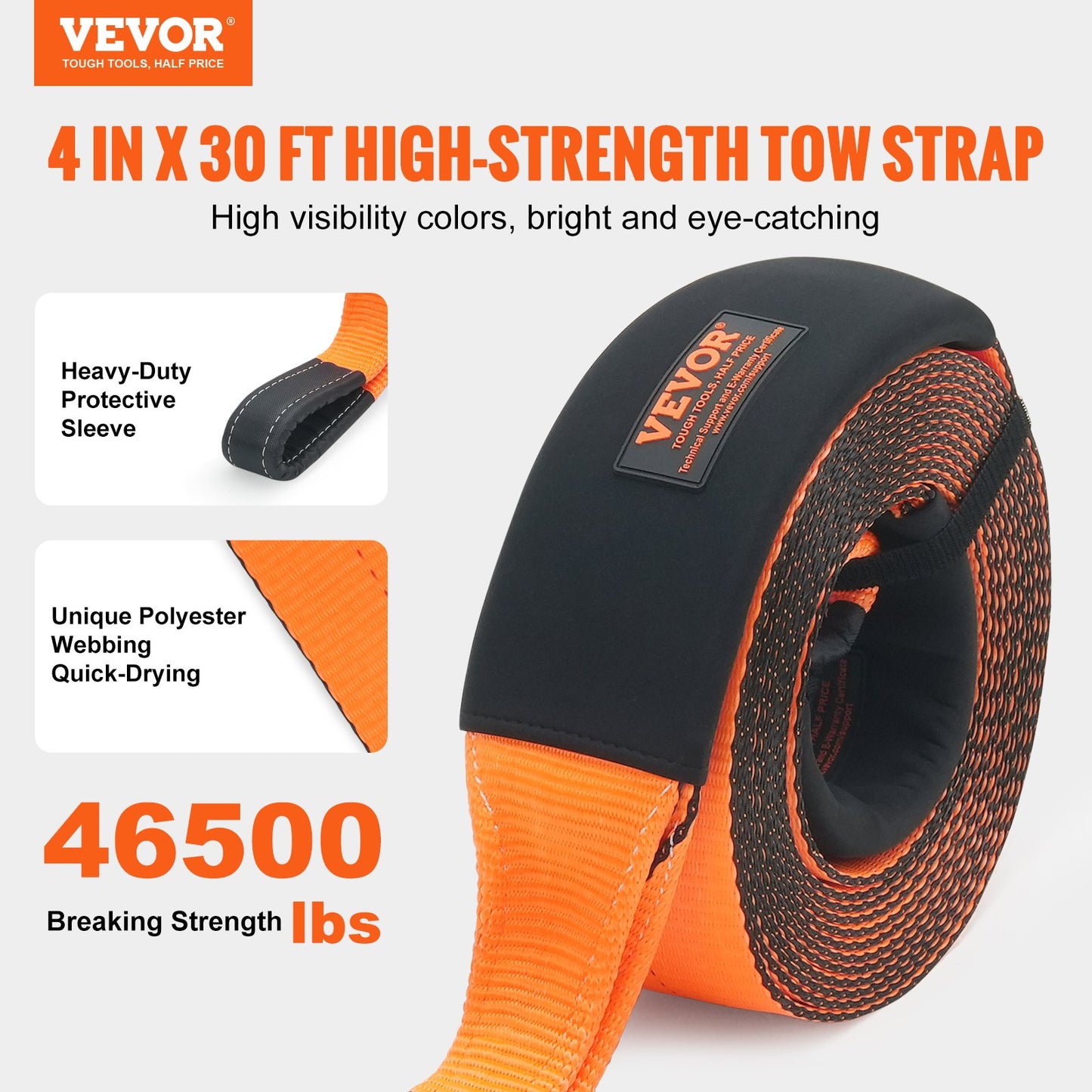 Recovery Drag Strap 4" x 30', 46 500 lbs Bredstyrka, Trippelförstärkta Loop Strap, Tree Saver, Off Road Bogsering och återhämtning, Extremt väderbeständighet, Skyddshylsor och förvaringsväska