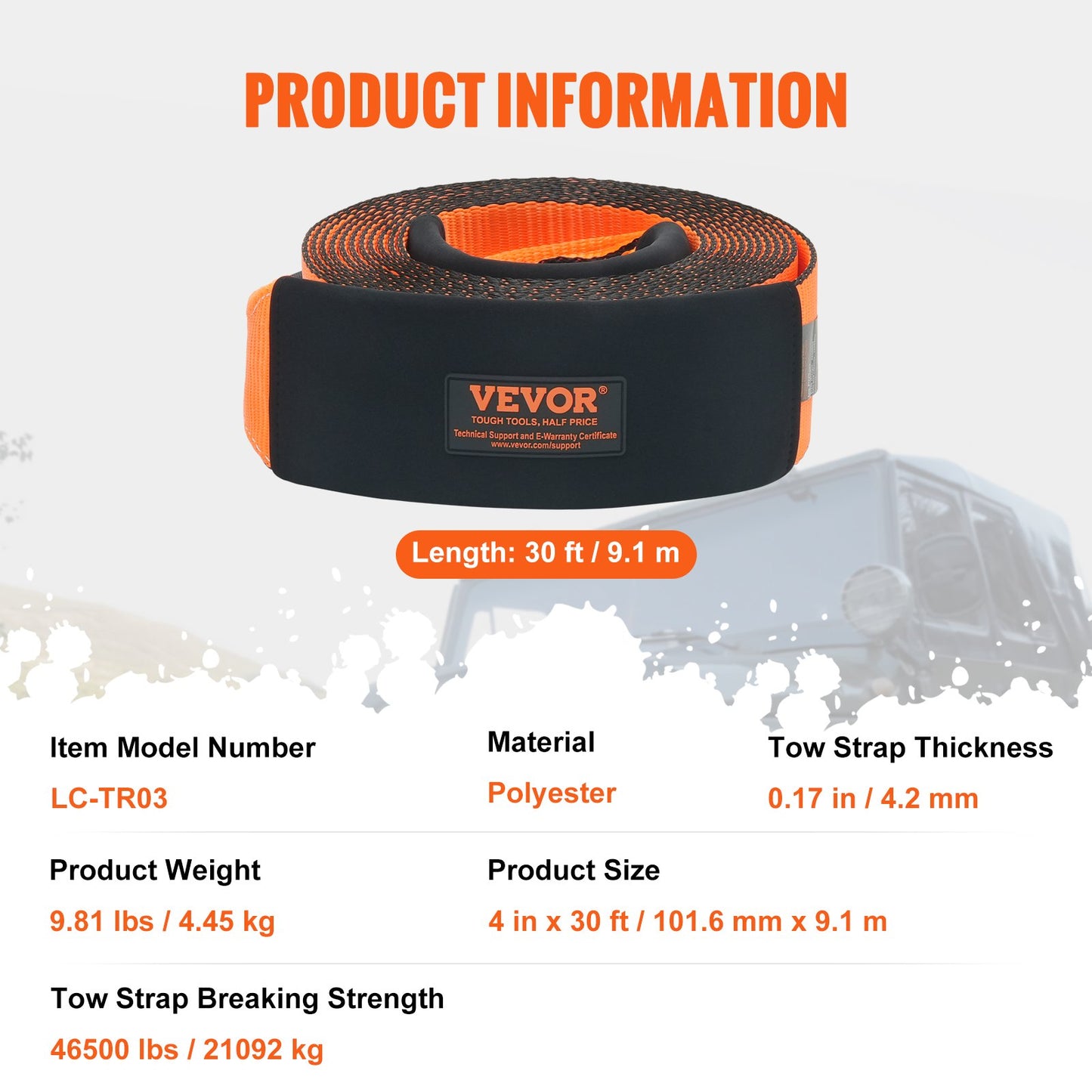 Recovery Drag Strap 4" x 30', 46 500 lbs Bredstyrka, Trippelförstärkta Loop Strap, Tree Saver, Off Road Bogsering och återhämtning, Extremt väderbeständighet, Skyddshylsor och förvaringsväska