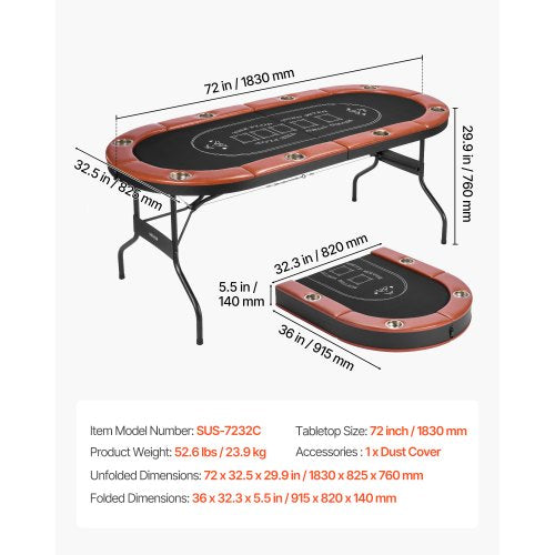 1828,8 mm Hopfällbart pokerbord Hopfällbart casinobord för 8 spelare Texas Hold'em
