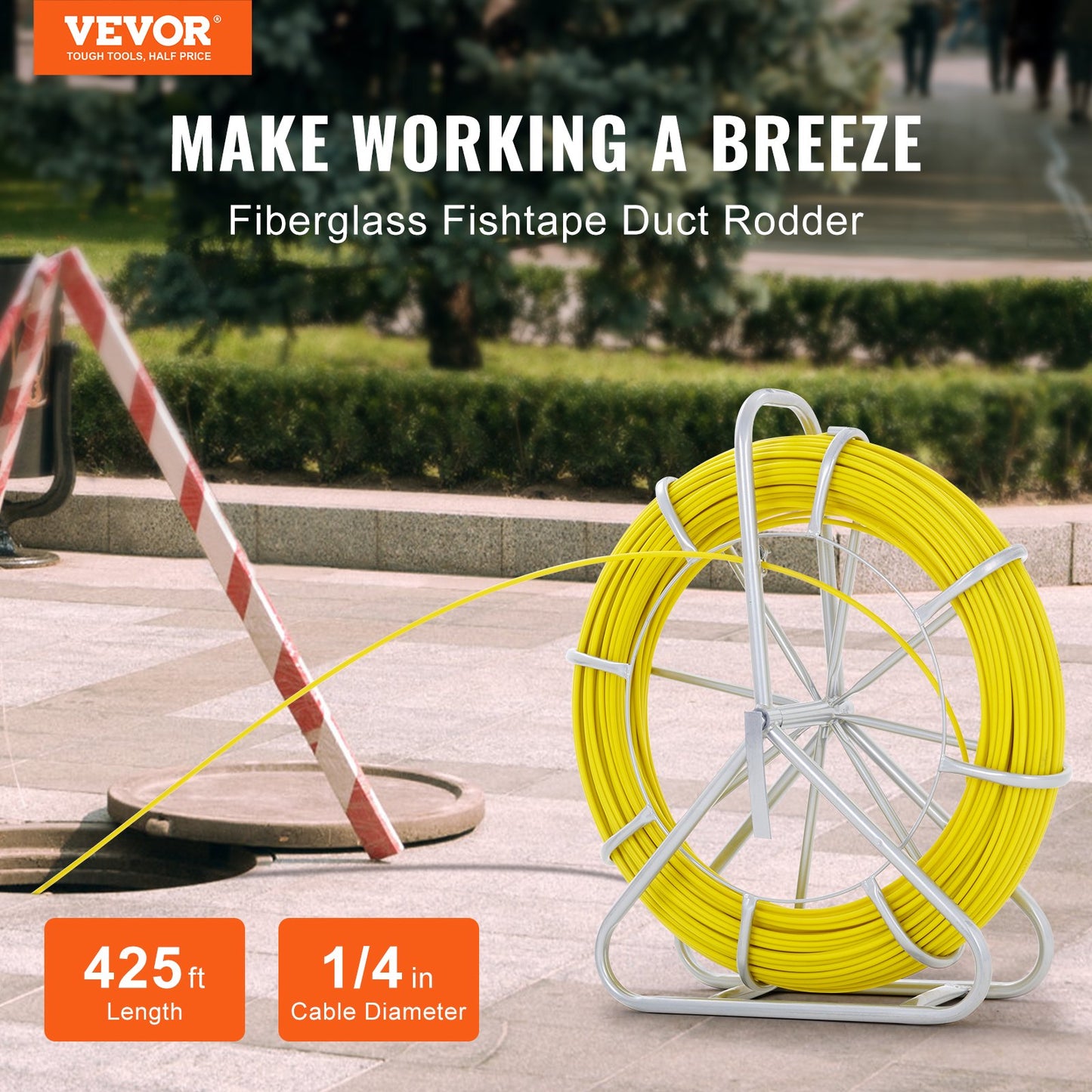Fish Tape Fiberglass, 425 ft, 1/4 inch, Duct Rodder Fishtape Wire Puller, Cable Rod with Steel Reel Stand, 3 Pulling Heads, Fishing Tool for Walls and Electrical Wires, Non-Conductive