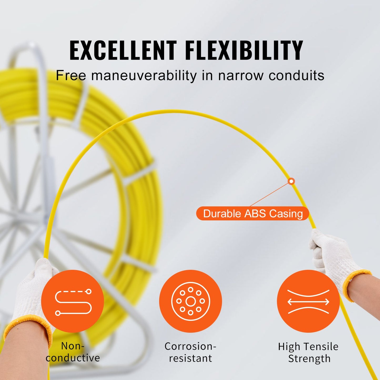 Fish Tape Fiberglass, 425 ft, 1/4 inch, Duct Rodder Fishtape Wire Puller, Cable Rod with Steel Reel Stand, 3 Pulling Heads, Fishing Tool for Walls and Electrical Wires, Non-Conductive