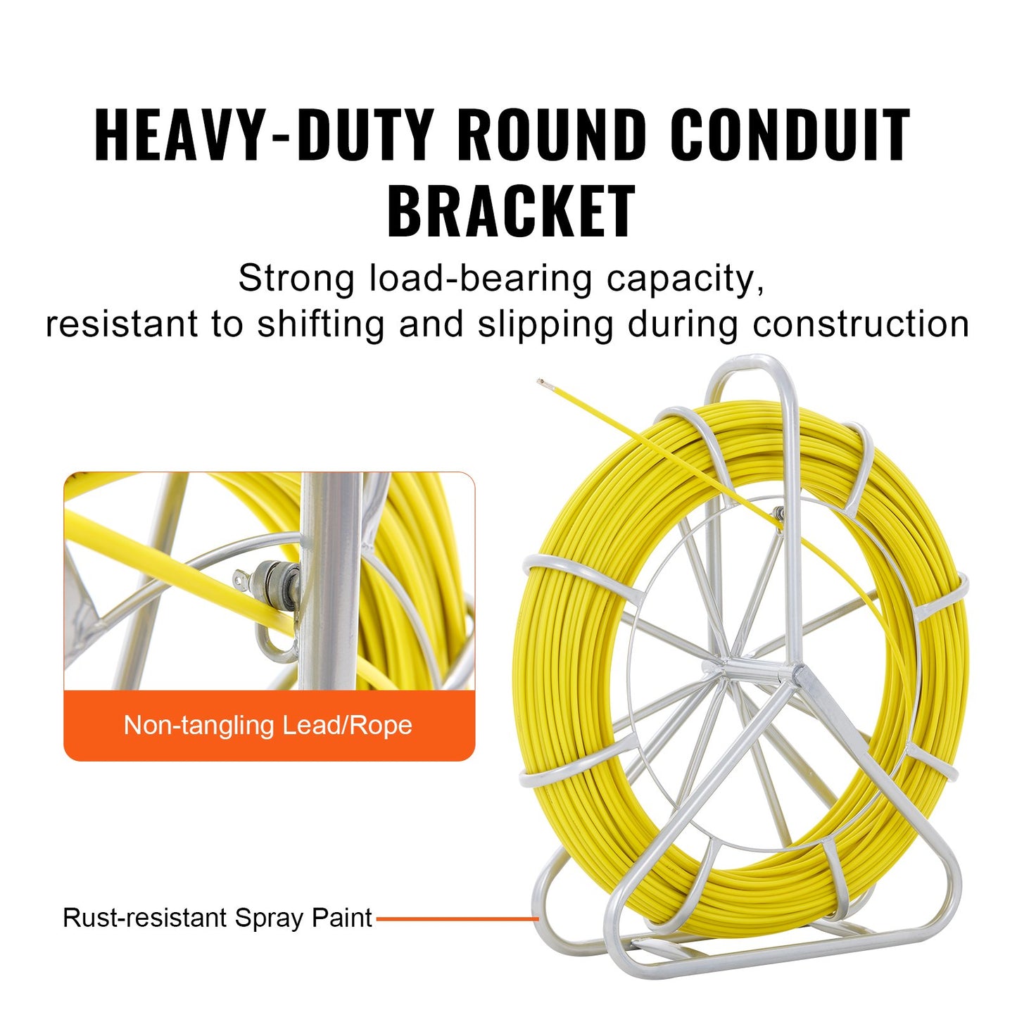 Fish Tape Fiberglass, 425 ft, 1/4 inch, Duct Rodder Fishtape Wire Puller, Cable Rod with Steel Reel Stand, 3 Pulling Heads, Fishing Tool for Walls and Electrical Wires, Non-Conductive