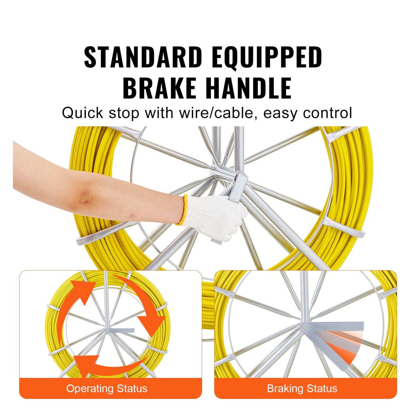 Fish Tape Fiberglass, 425 ft, 1/4 inch, Duct Rodder Fishtape Wire Puller, Cable Rod with Steel Reel Stand, 3 Pulling Heads, Fishing Tool for Walls and Electrical Wires, Non-Conductive