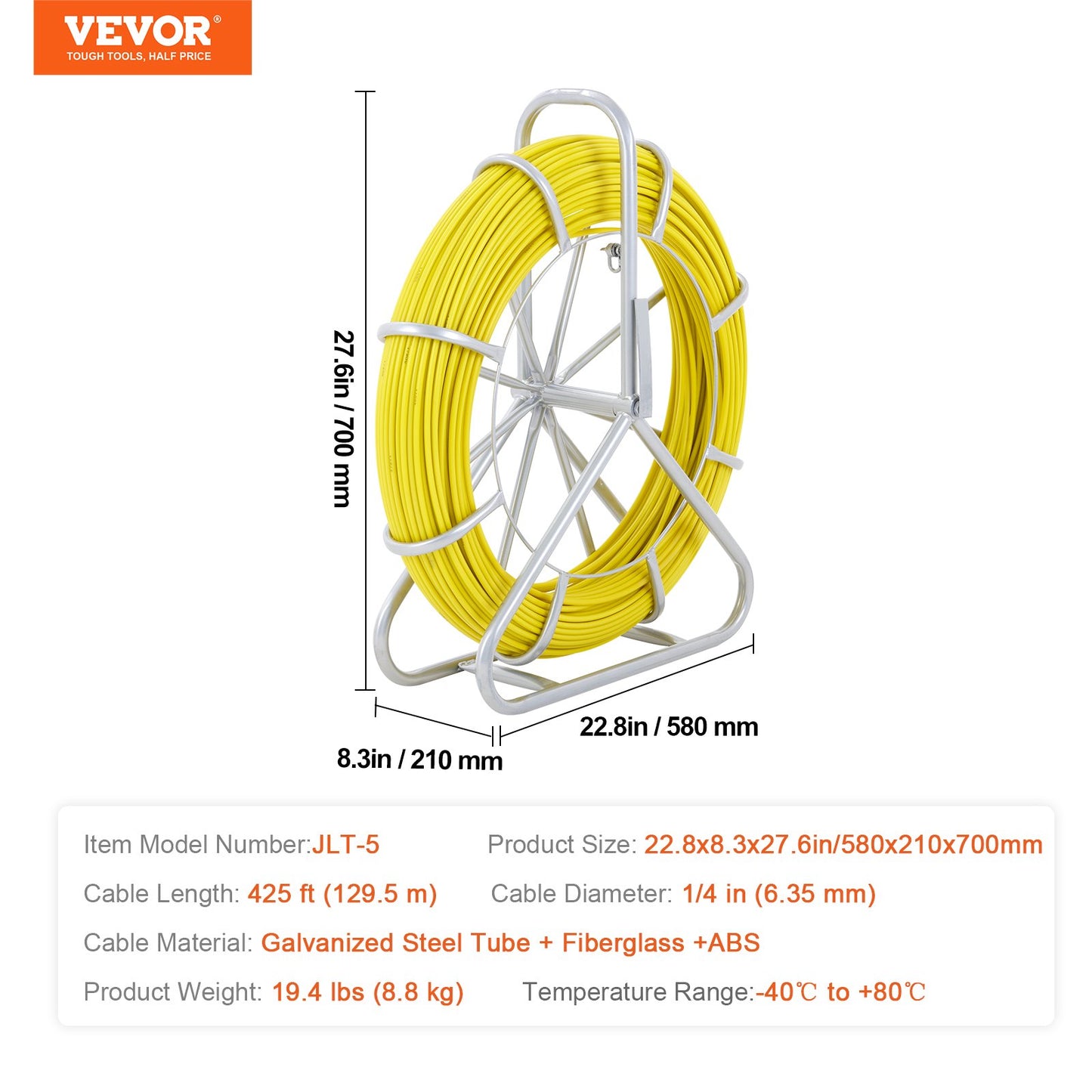 Fish Tape Fiberglass, 425 ft, 1/4 inch, Duct Rodder Fishtape Wire Puller, Cable Rod with Steel Reel Stand, 3 Pulling Heads, Fishing Tool for Walls and Electrical Wires, Non-Conductive