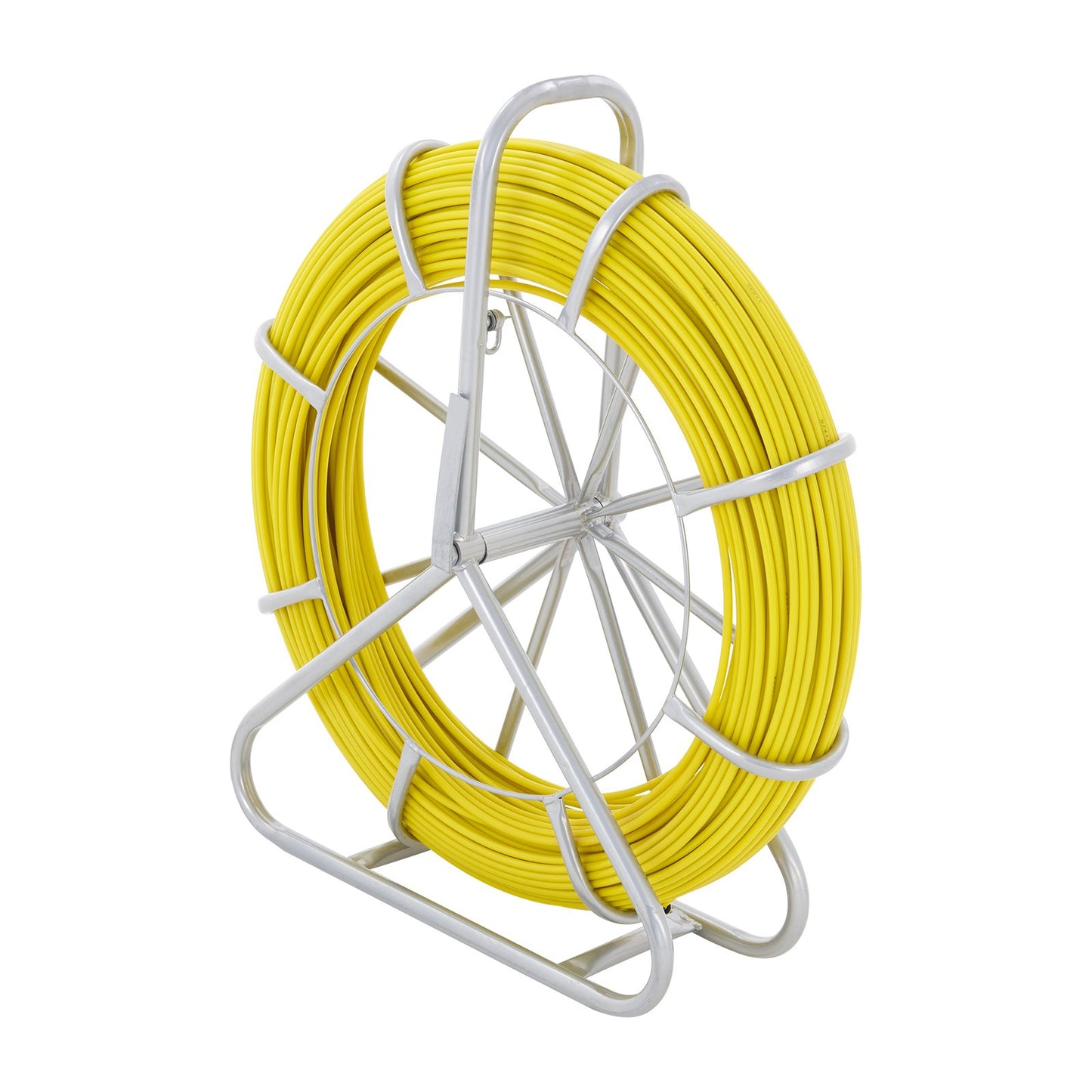 Fish Tape Fiberglass, 425 ft, 1/4 inch, Duct Rodder Fishtape Wire Puller, Cable Rod with Steel Reel Stand, 3 Pulling Heads, Fishing Tool for Walls and Electrical Wires, Non-Conductive