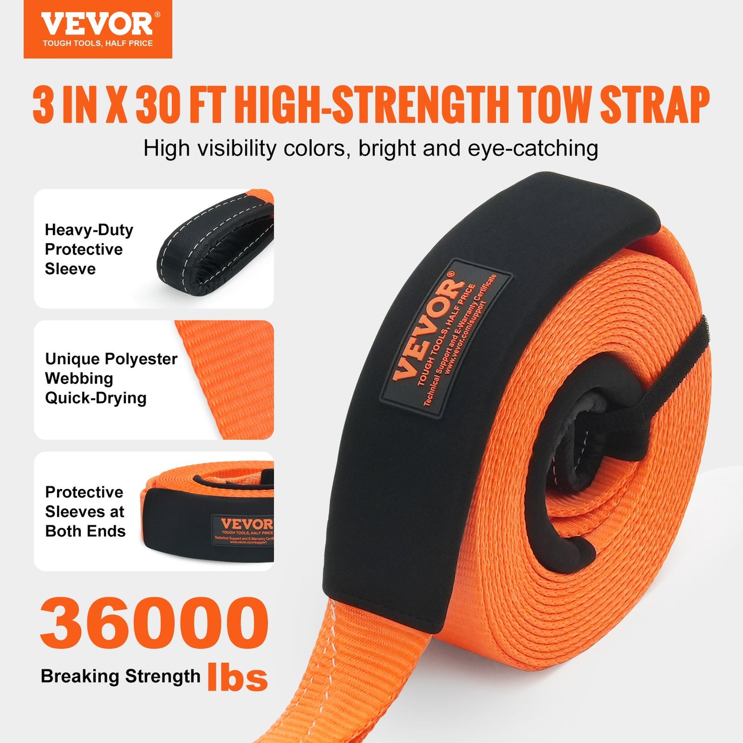 Polyester Heavy Duty Drag Strap Recovery Kit 3" x 30 ft (MBS-36 000 lbs) Vinschrem, Trippel förstärkt ögla, Snatch Strap + 2" Shackle Hitch Receiver + 3/4" D-Ring Shackles (2PCS) + förvaringsväska