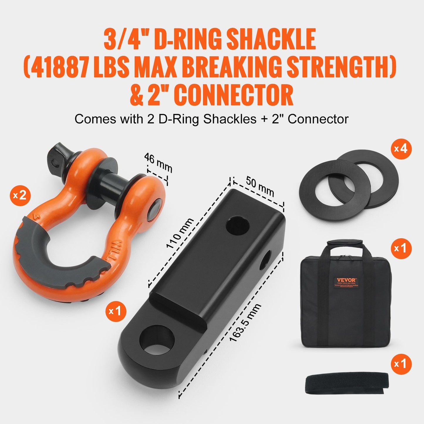 Polyester Heavy Duty Drag Strap Recovery Kit 3" x 30 ft (MBS-36 000 lbs) Vinschrem, Trippel förstärkt ögla, Snatch Strap + 2" Shackle Hitch Receiver + 3/4" D-Ring Shackles (2PCS) + förvaringsväska