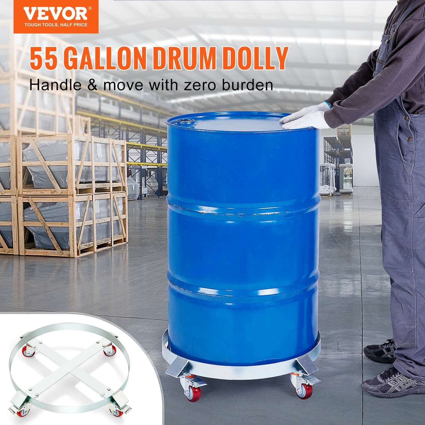 55 Gallon Heavy Duty Drum Dolly, 1000lbs Load Capacity, Barrel Dolly Cart Drum Caddy, Non Tipping Hand Truck Capacity Dollies with Steel Frame 4 Swivel Caster Wheels, for Warehouse Drum Handling