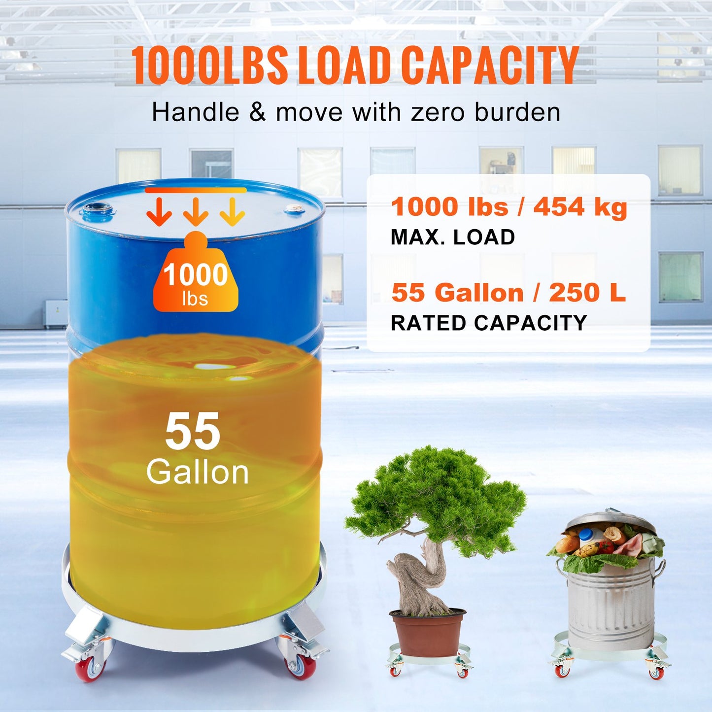 55 Gallon Heavy Duty Drum Dolly, 1000lbs Load Capacity, Barrel Dolly Cart Drum Caddy, Non Tipping Hand Truck Capacity Dollies with Steel Frame 4 Swivel Caster Wheels, for Warehouse Drum Handling
