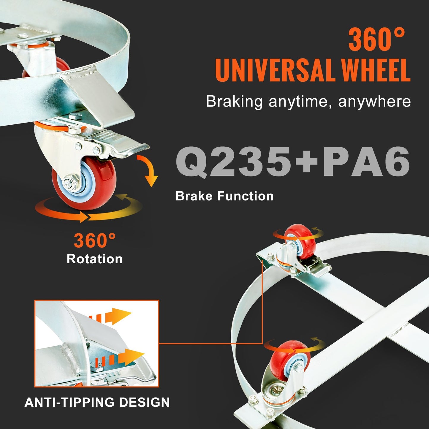 55 Gallon Heavy Duty Drum Dolly, 1000lbs Load Capacity, Barrel Dolly Cart Drum Caddy, Non Tipping Hand Truck Capacity Dollies with Steel Frame 4 Swivel Caster Wheels, for Warehouse Drum Handling