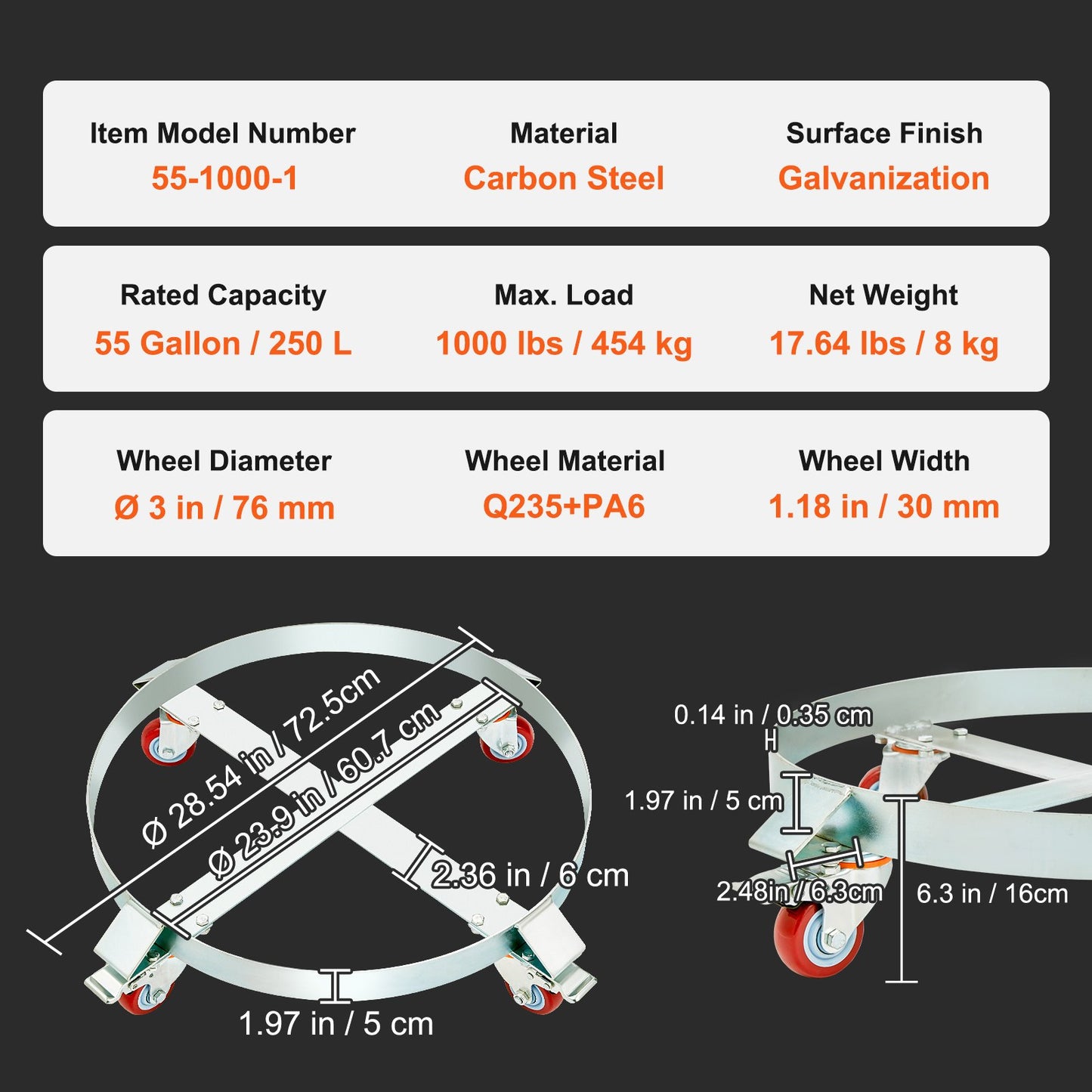 55 Gallon Heavy Duty Drum Dolly, 1000lbs Load Capacity, Barrel Dolly Cart Drum Caddy, Non Tipping Hand Truck Capacity Dollies with Steel Frame 4 Swivel Caster Wheels, for Warehouse Drum Handling