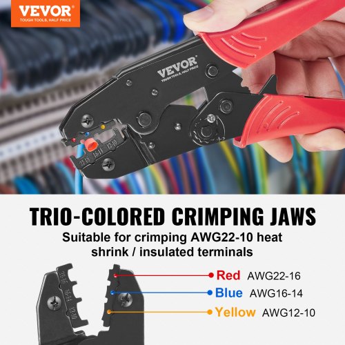 Crimp Tool, AWG22-10 Värmekrymp/Nylon/Isolerad terminal Crimper, arbetsbesparande spärrtrådspresstång med ett par handskar, en avisoleringstång och 210 st krymptång | EU