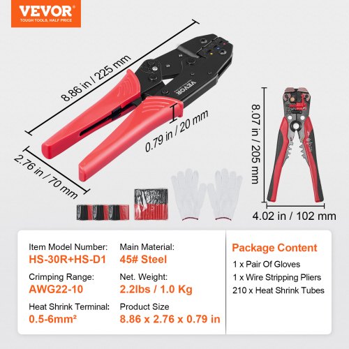 Crimp Tool, AWG22-10 Värmekrymp/Nylon/Isolerad terminal Crimper, arbetsbesparande spärrtrådspresstång med ett par handskar, en avisoleringstång och 210 st krymptång | EU