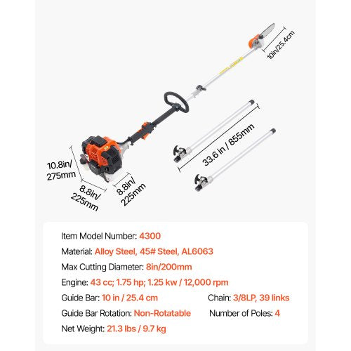 Petrol Pole Saw Tree Trimmer Rotatable Head 43cc 2-Stroke 10 Inch Cutting Bar | EU