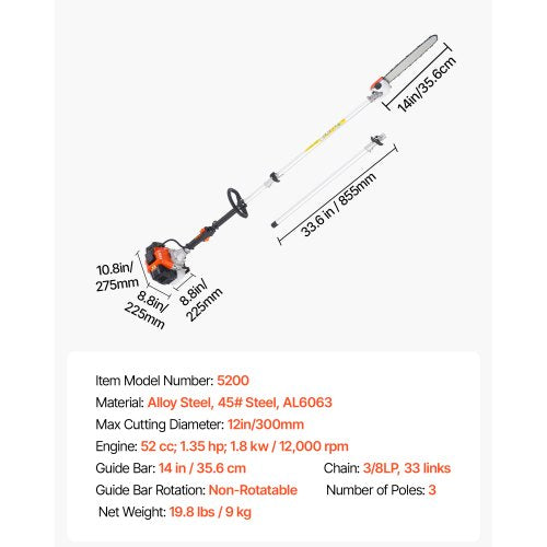 Gasoline Pole Saw 52CC 2-Stroke Cordless Tree Trimmer 14" Bar