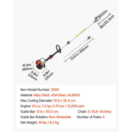 Petrol Pole Saw 25CC 2-Stroke Cordless Tree Trimmer 8" Bar | EU