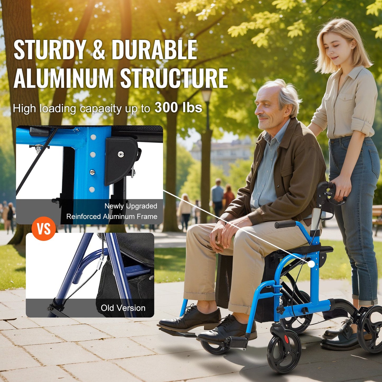 2 i 1 Rollator Walker & Transport Stol för seniorer, hopfällbar Rolling Walker Rullstol Combo & Fotstöd, Lätt aluminium Mobility Walker med justerbart handtag, terränghjul, 300 LBS