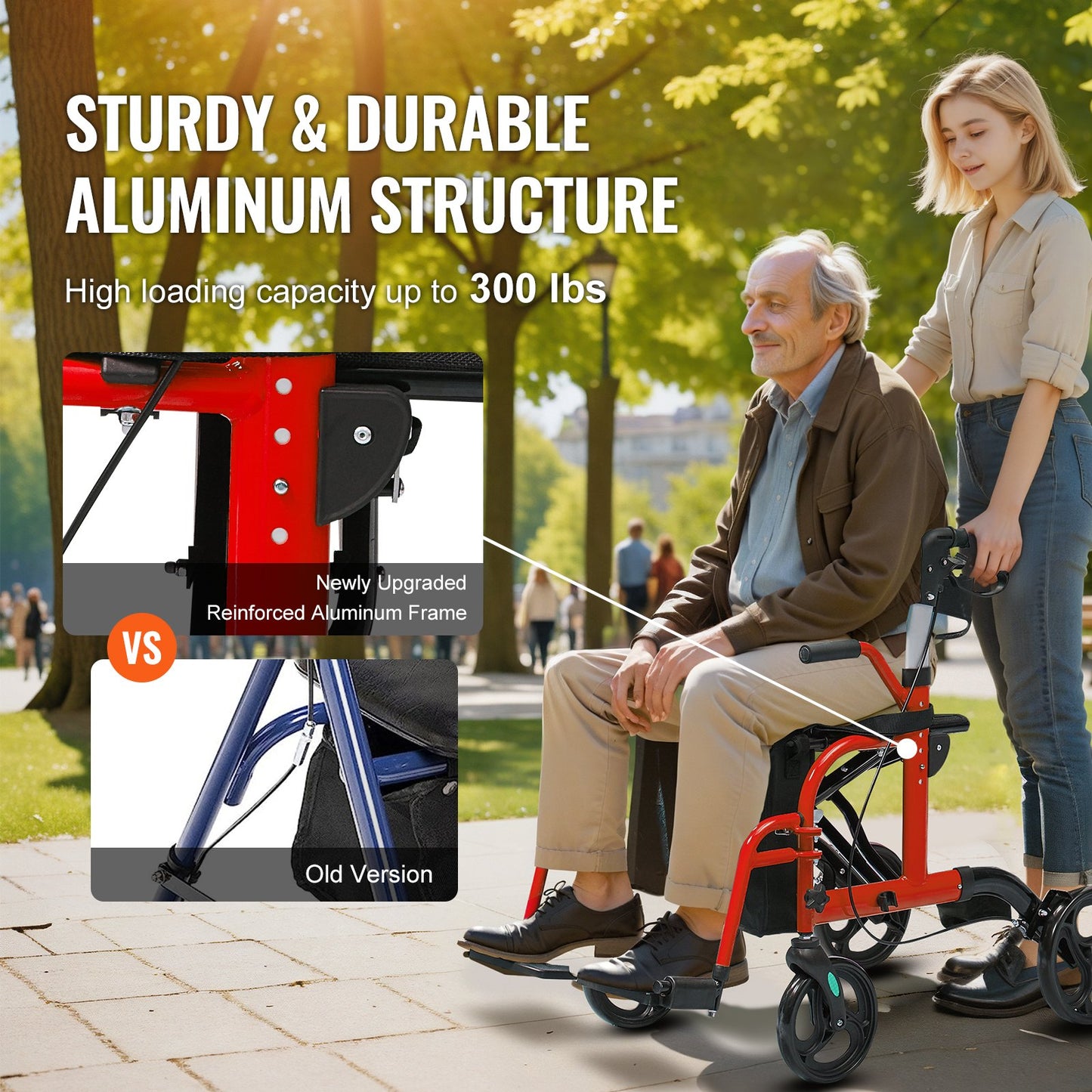 2 i 1 Rollator Walker & Transportstol för seniorer, hopfällbar Rolling Walker Rullstol Combo & Fotstöd, Lätt aluminium Mobility Walker med justerbart handtag, terränghjul, 136 kg