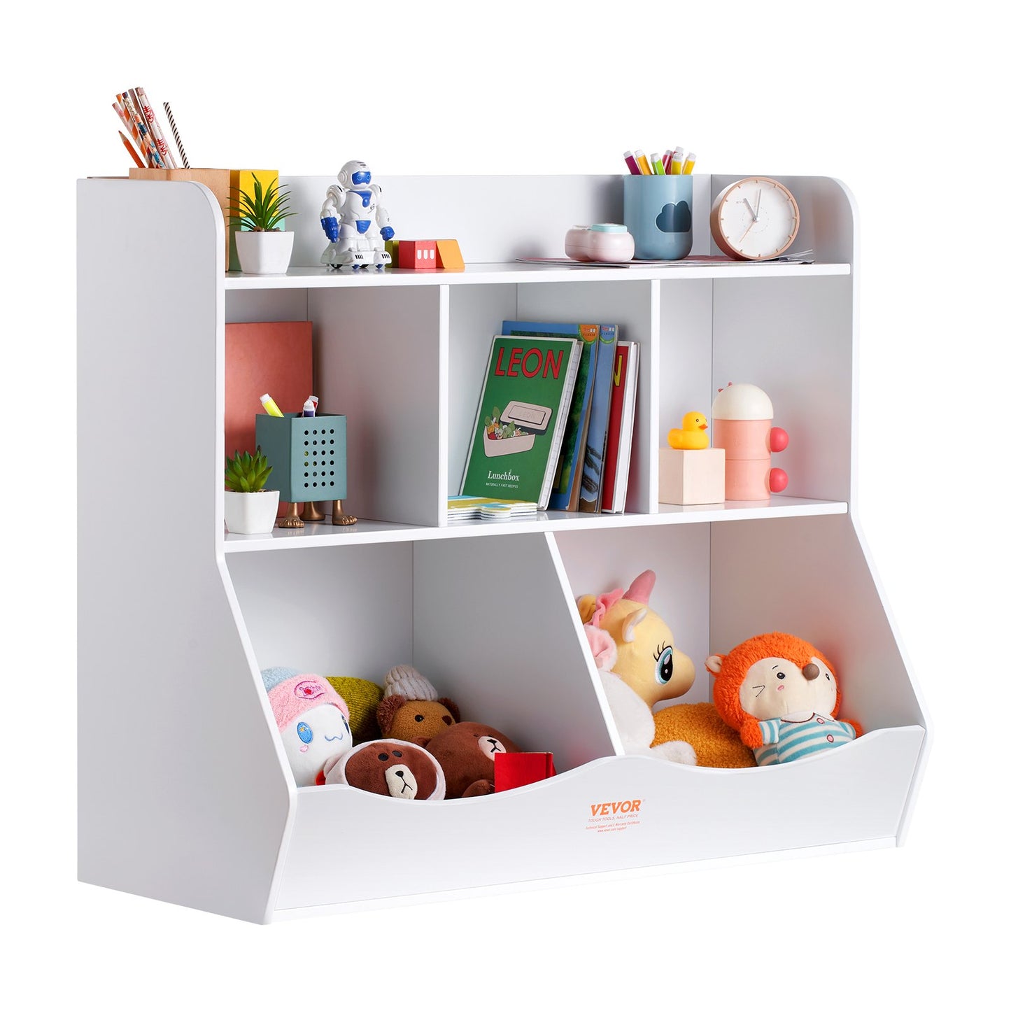 Wood Barnförvaring Cubby, Leksaksförvaringsorganisatör med bokhylla, 5-Cubby Wood Leksaksförvaringsskåp, Bokleksakshylla för barn för barnrum, Lekrum, Dagis, Barnkammare, Vit