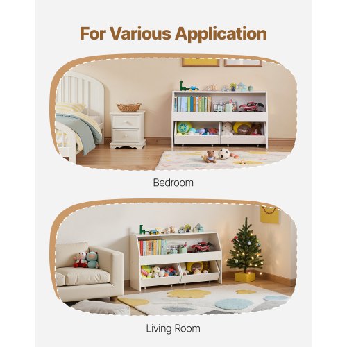 Leksaksförvaring, Träbokhylla för barn med förvaring, Leksaksskåp med 2 mobila lådor, Förvaringsorganisatör för barnrum, barnrum, vardagsrum, entré, förskola, vit | EU