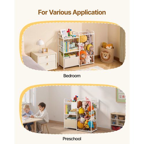 Barnbokhylla och Gosedjursförvaring, Leksaksorganisatör, Bokhylla i 2 nivåer med Tygleksakslåda, Leksaksförvaring för Barnrum, Vardagsrum, Hall, Förskola, Vit | EU