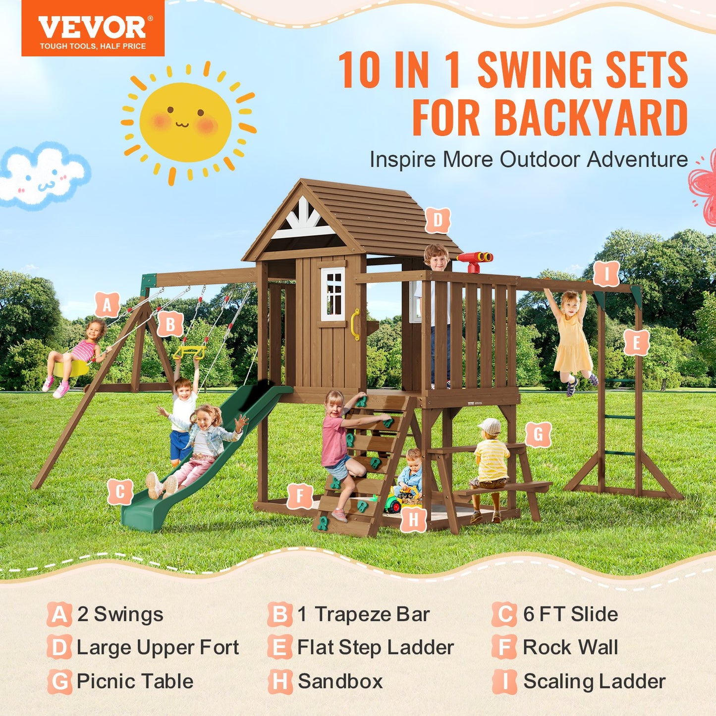 Holzschaukeln 10 in 1 Outdoor-Spielplatz-Set 6 FT Slide Upper Fort