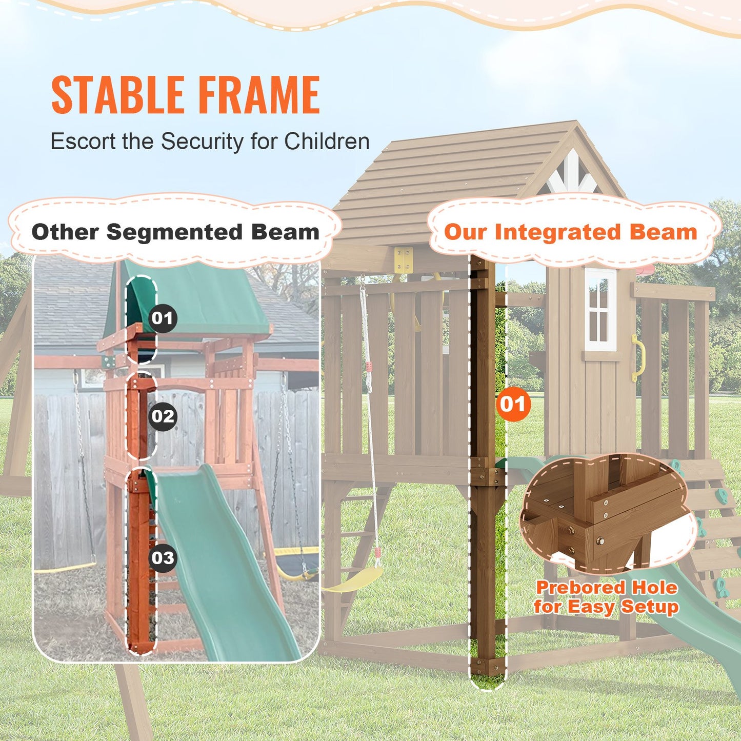Holzschaukeln 10 in 1 Outdoor-Spielplatz-Set 6 FT Slide Upper Fort