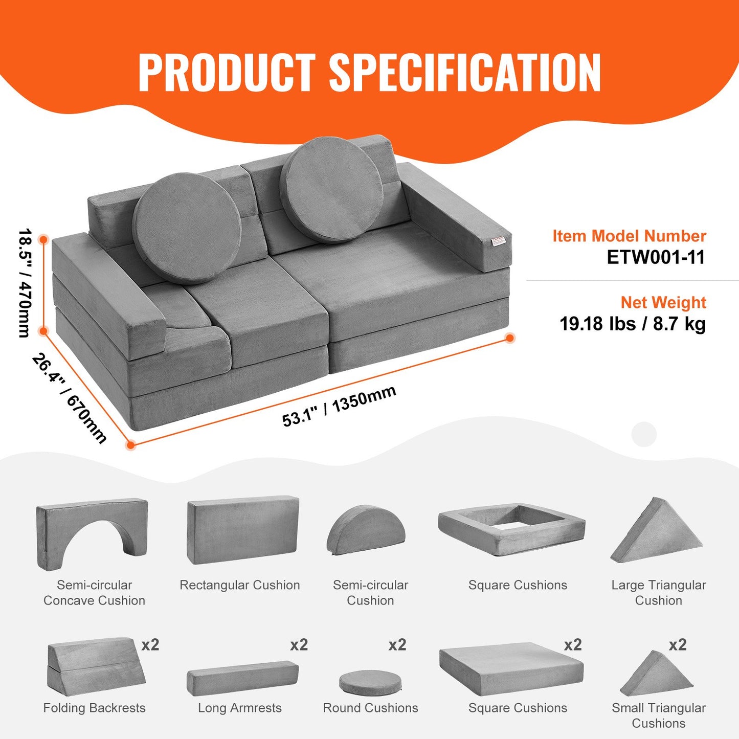 Spielsofa, 15-teiliges modulares Kinder-Nugget-Sofa, Kleinkinder-Schaumstoffsofa mit 25D-Schwamm mit hoher Dichte zum Spielen, Gestalten, Schlafen, fantasievolle Kindermöbel für Schlafzimmer und Spielzimmer