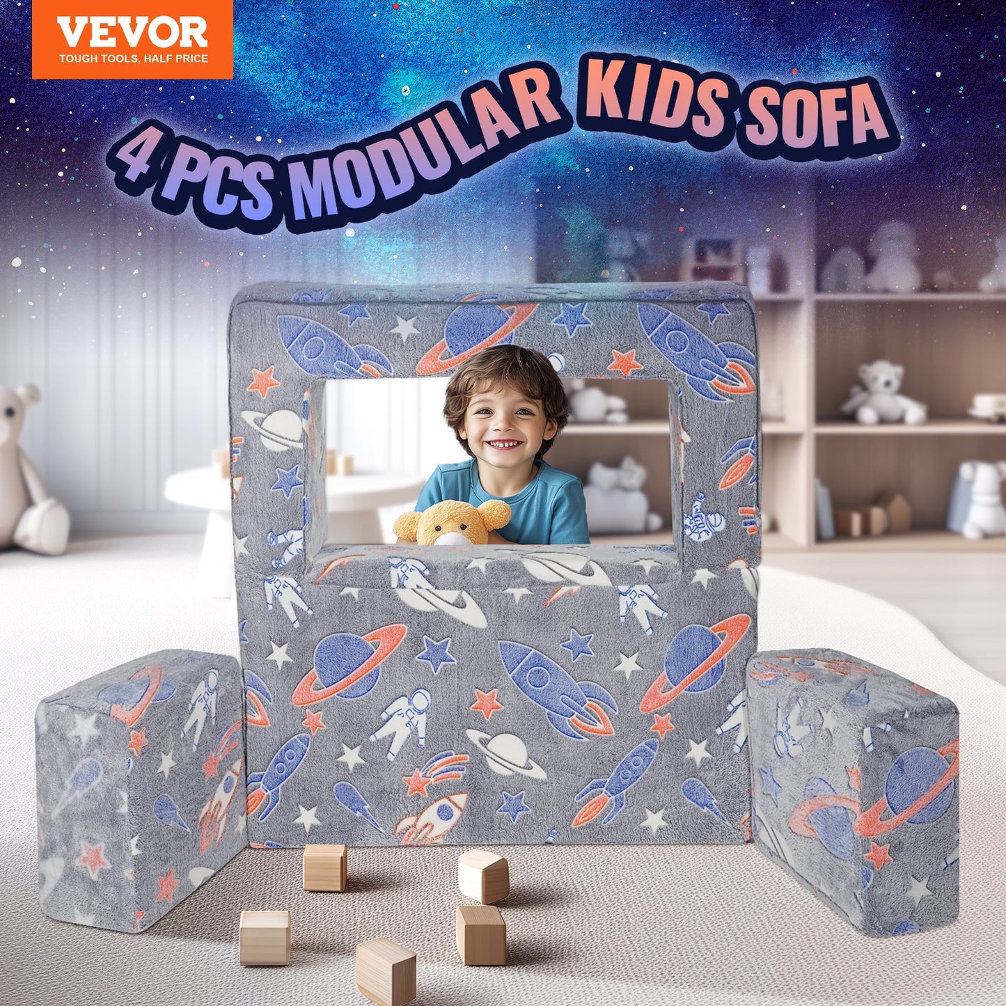 Modular Kids Play Couch 4st DIY Glow in the Dark Toddler Stol Grå