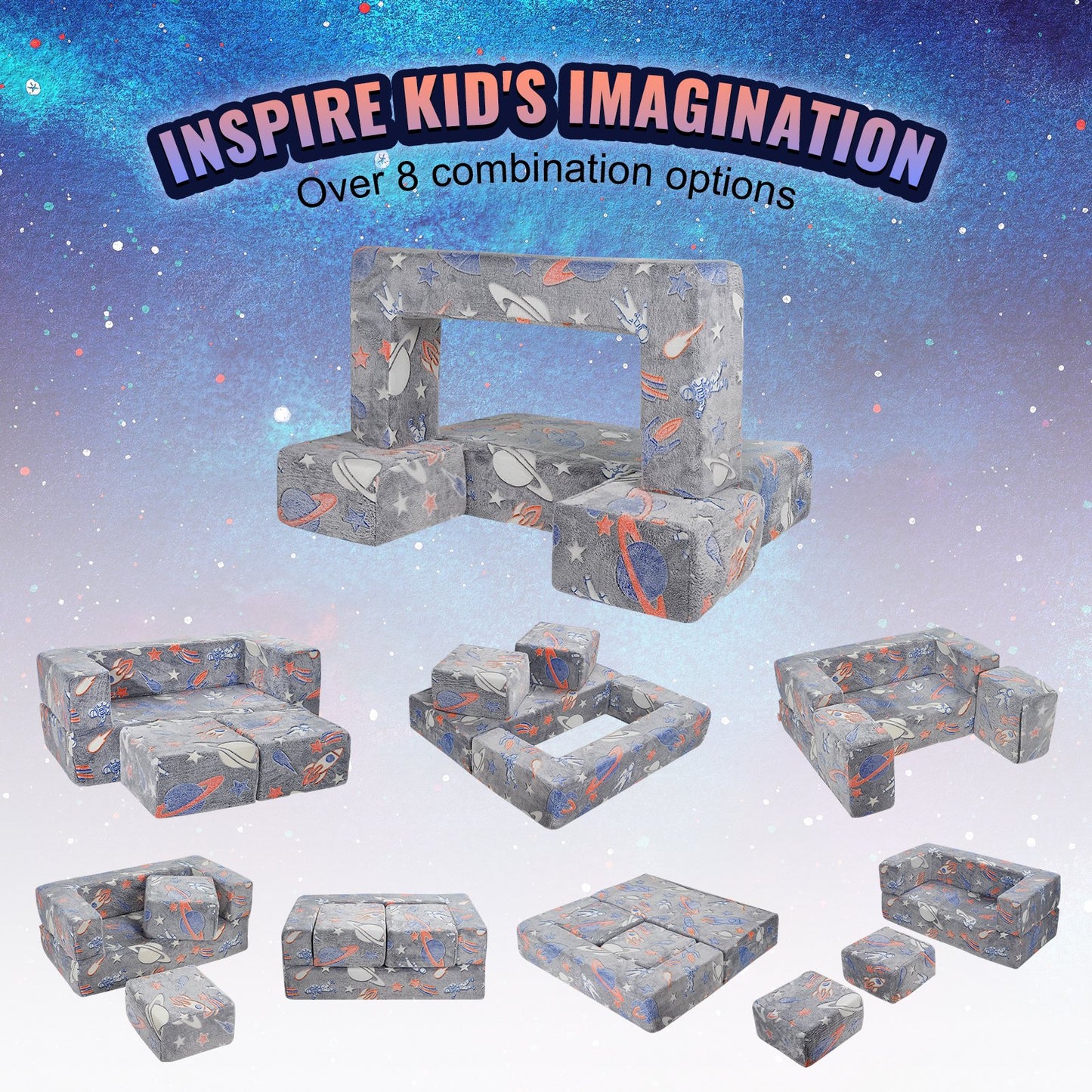 Modular Kids Play Couch 4st DIY Glow in the Dark Toddler Stol Grå