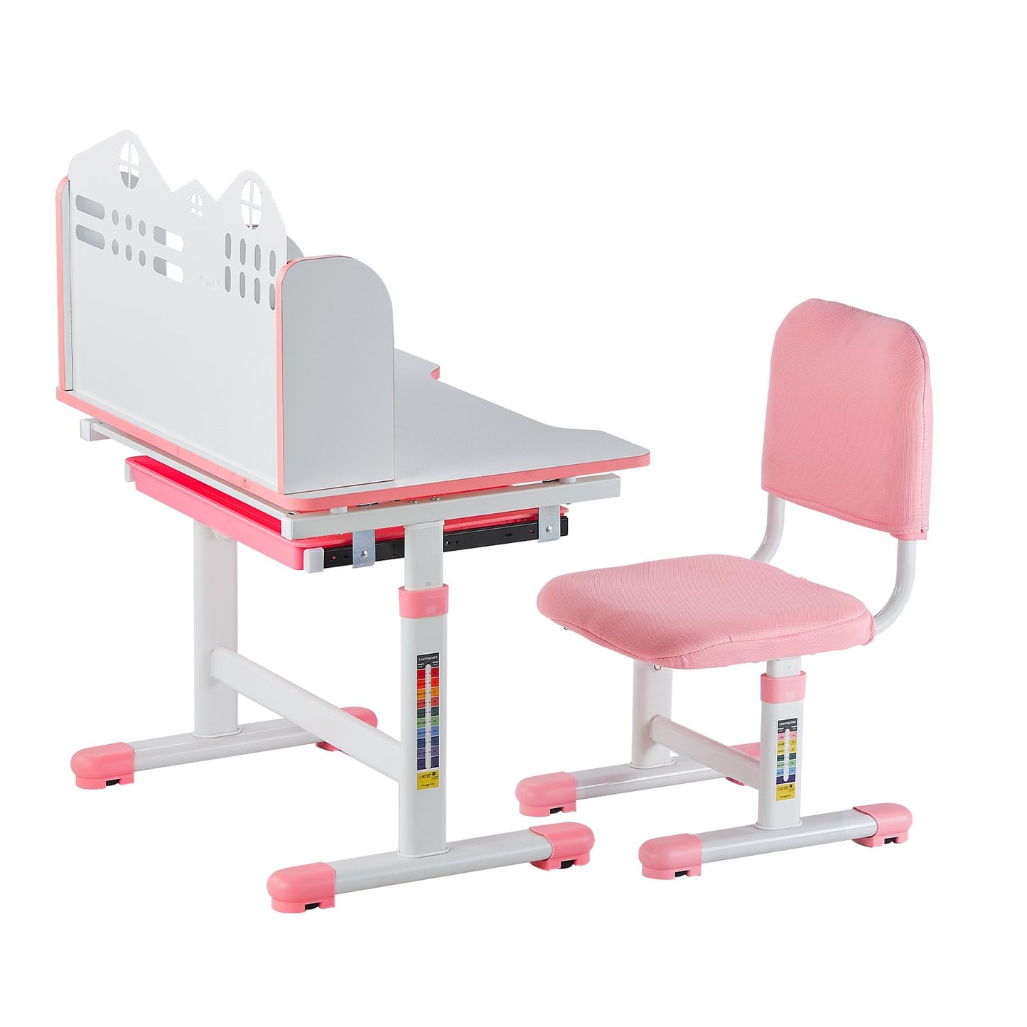 Kids Study Stol och Skrivbord med bokhylla & Låda Justerbar Höjd Rosa