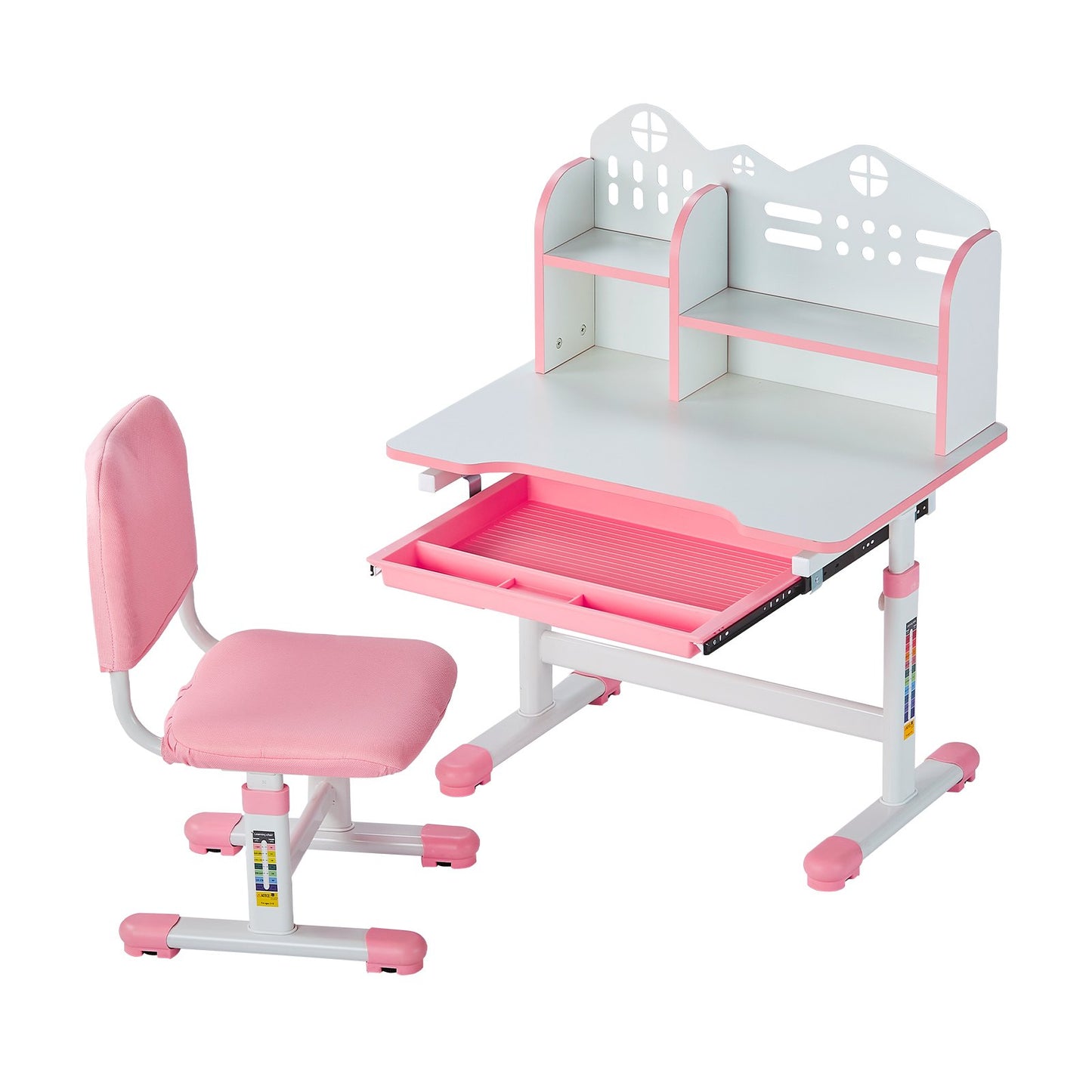 Kids Study Stol och Skrivbord med bokhylla & Låda Justerbar Höjd Rosa