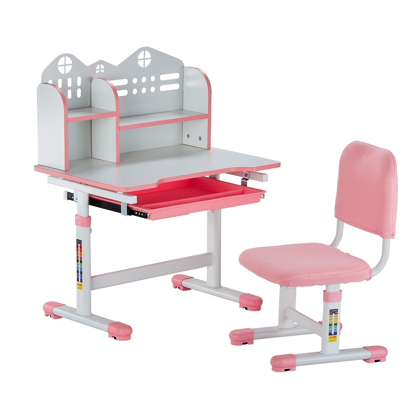 Kids Study Stol och Skrivbord med bokhylla & Låda Justerbar Höjd Rosa