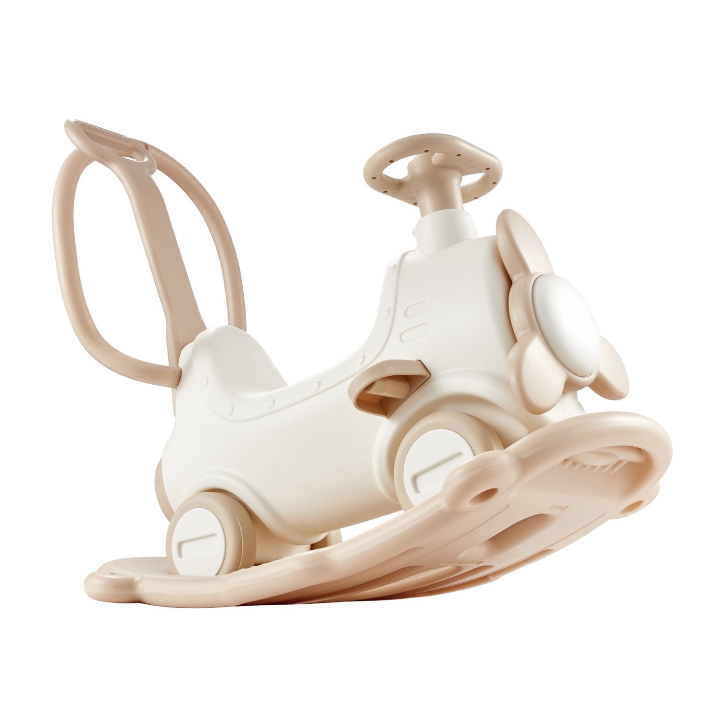 5 in 1 rocking horse for toddlers 1-3 years, baby rocking horse with trampoline, removable balance board, push handle and 4 smooth wheels, support up to 80 kg child riding toy, white