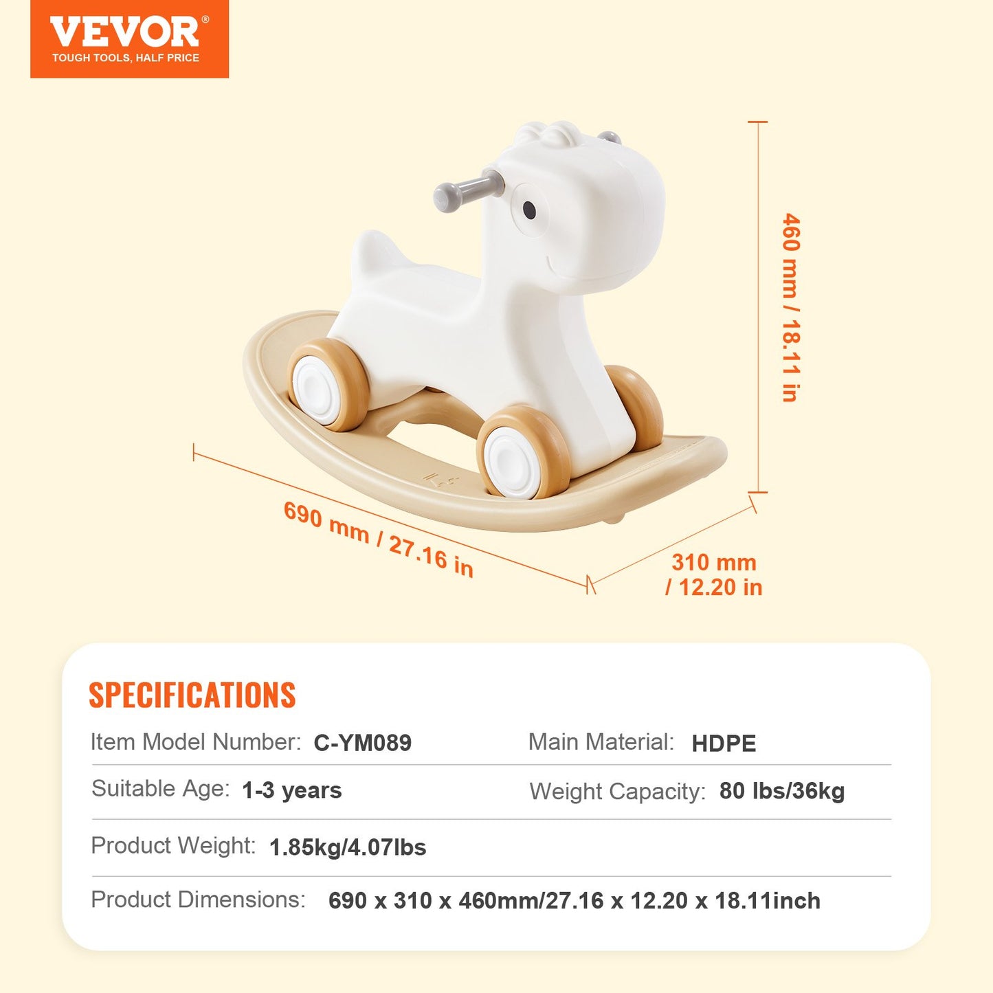3-in-1-Schaukelpferd für Kleinkinder von 1–3 Jahren, Baby-Schaukelpferd mit abnehmbarem Balance-Board und 4 leichtgängigen Rädern, trägt bis zu 80 lbs HDPE-Material, Kinder-Rutschspielzeug, 40°-Schaukel, weiß