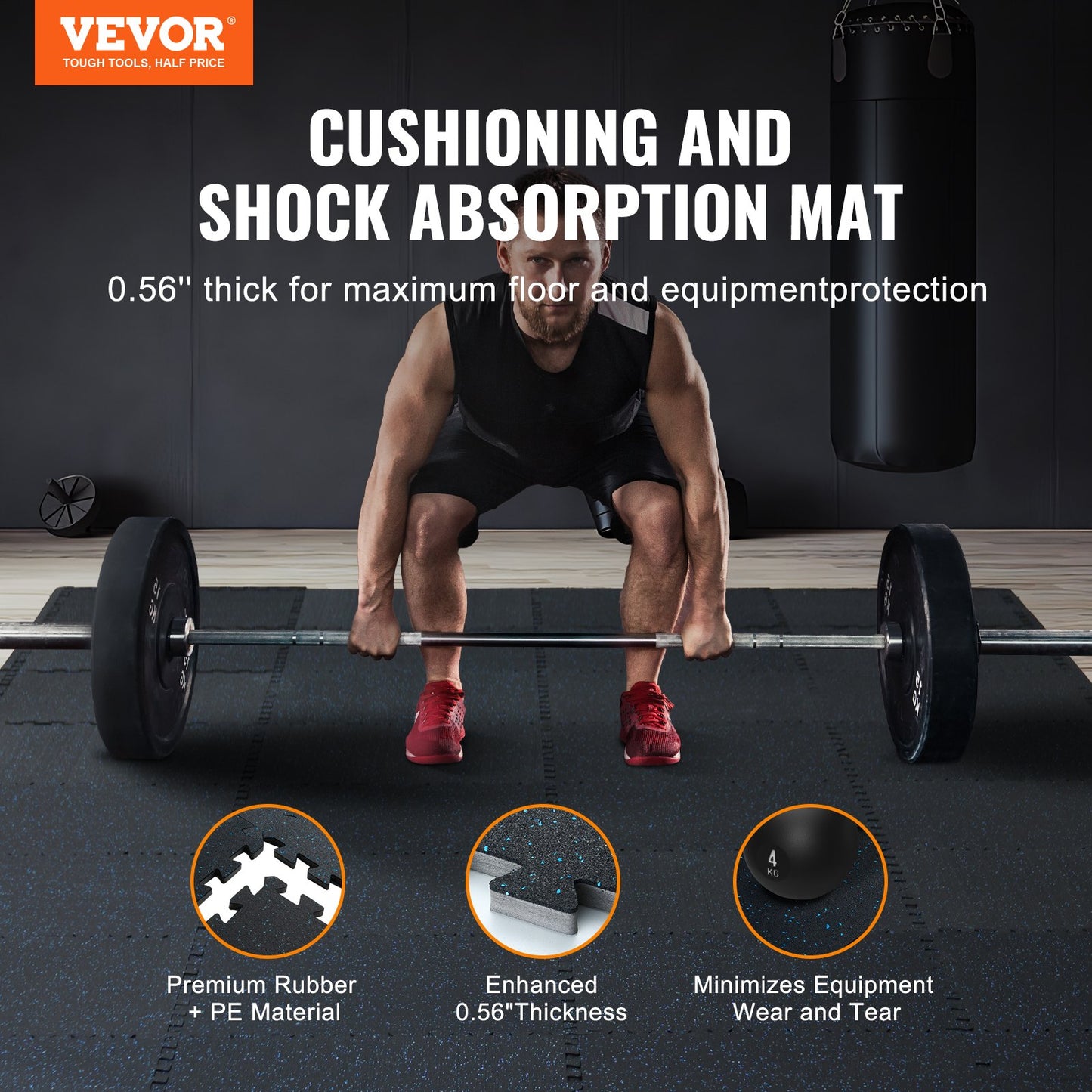 0.56" Thick Gym Floor Mats 6 Tiles Rubber Top with EVA Foam Black & Blue