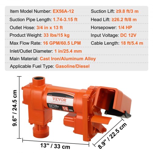 Bränsleöverföringspump, 12V DC 16 GPM 1/4 hk, Bensinutsugspump med automatiskt munstycke, utloppsslang och sugrör för bensin, diesel, fotogen, etanol- och metanolblandningar samt biodiesel | EU