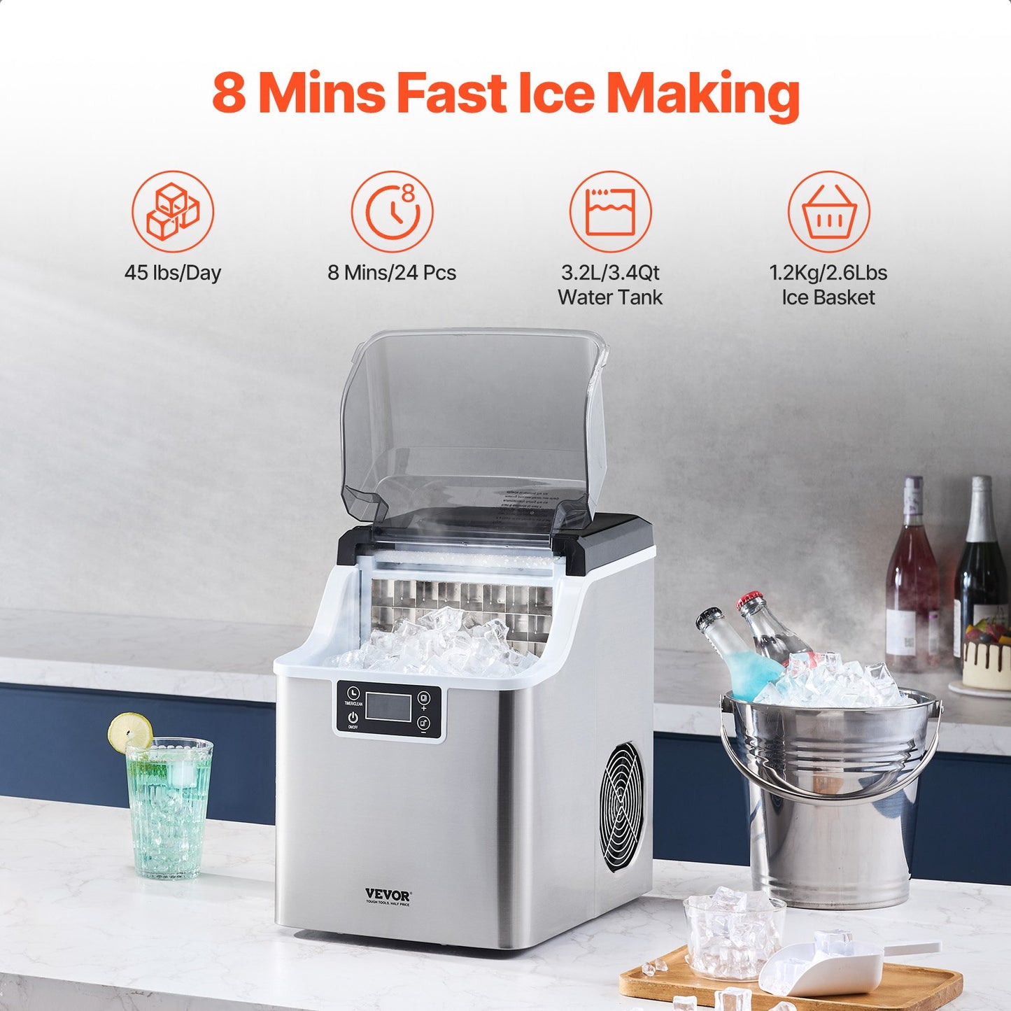 Portable Countertop Ice Maker 45lbs/24H Self-Cleaning with Bucket Basket