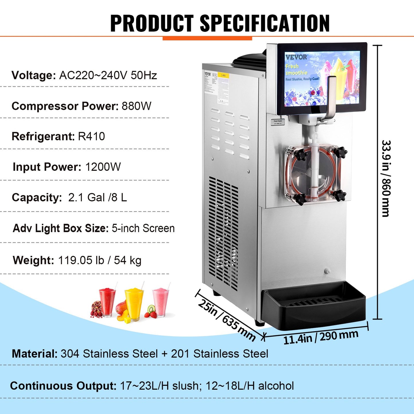 8L / 2,1 Gal Single Bowl Kommersiell Slushy Machine Margarita Smoothie Frozen Drink