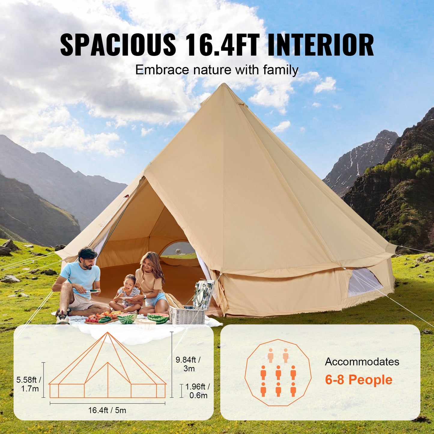 Canvas Bell tält, 4 säsonger 5 m/16,4 fot jurttält, canvas tält för camping med spisjack, andningsbart tält rymmer upp till 8 personer, familjecamping utomhusjaktfest