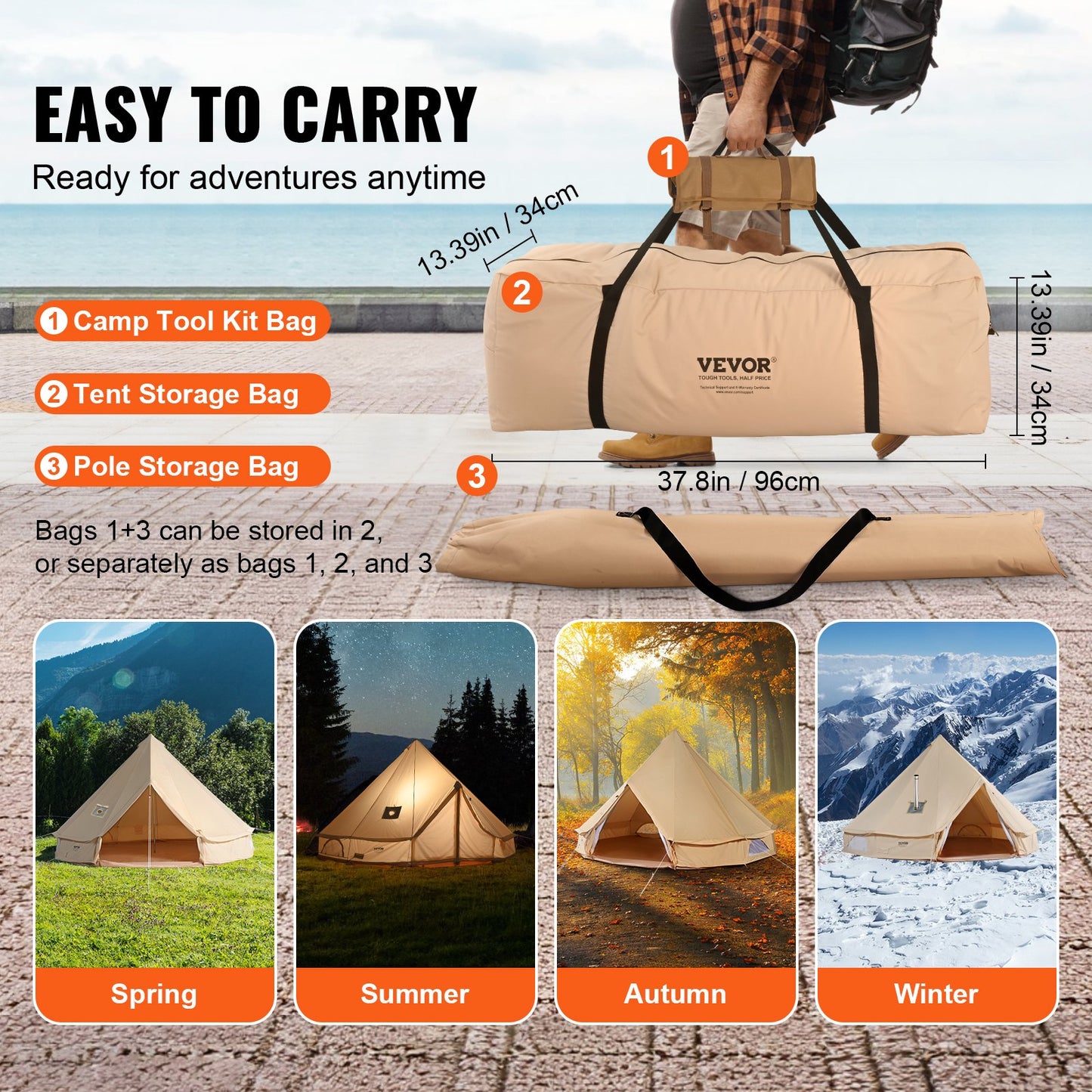 Canvas Bell tält, 4 säsonger 5 m/16,4 fot jurttält, canvas tält för camping med spisjack, andningsbart tält rymmer upp till 8 personer, familjecamping utomhusjaktfest