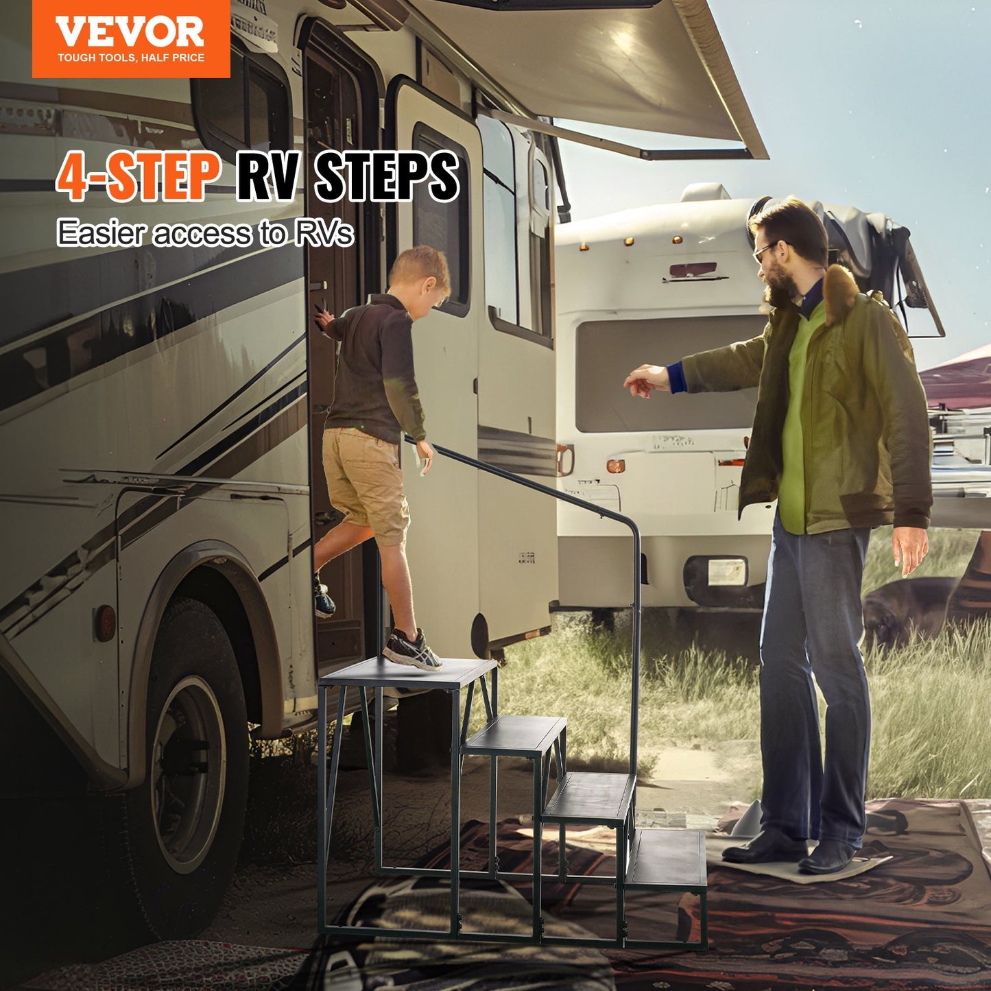 RV Step, 4-Step Motorhome Stairs, 440 LBS Load Capacity, Thickened Carbon Steel, with Handrail, Non-Slip Steps for Safe Entry and Exit, Suit for RV, Trailer, RV Step