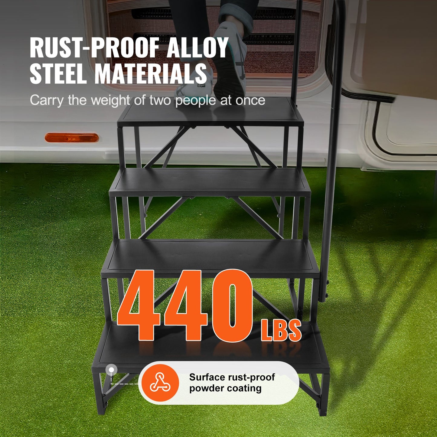 RV Step, 4-Step Motorhome Stairs, 440 LBS Load Capacity, Thickened Carbon Steel, with Handrail, Non-Slip Steps for Safe Entry and Exit, Suit for RV, Trailer, RV Step